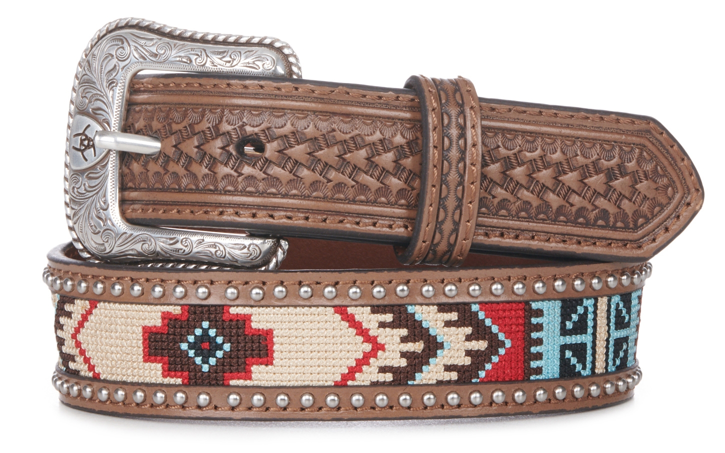 Ariat Men's Brown with Aztec and Studs Basketweave Western Belt - Image 1