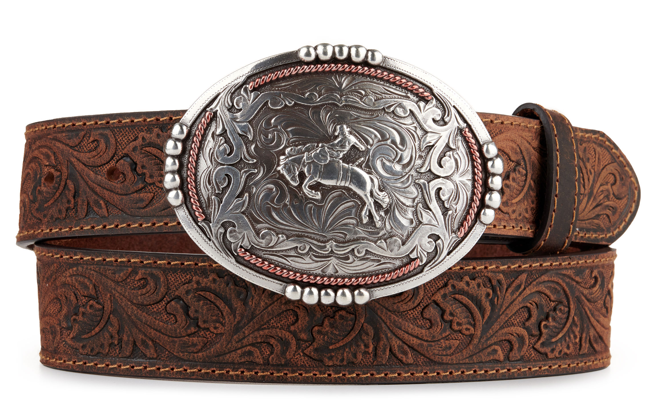 AndWest Men's Brown Tooled with Silver Bronc Rider Buckle Western Belt - Image 1