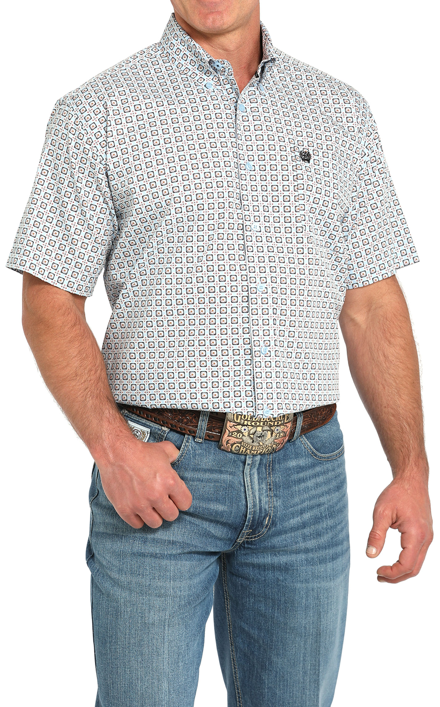 Cinch Men's Light Blue Geo Print Button Down Shirt - Image 1
