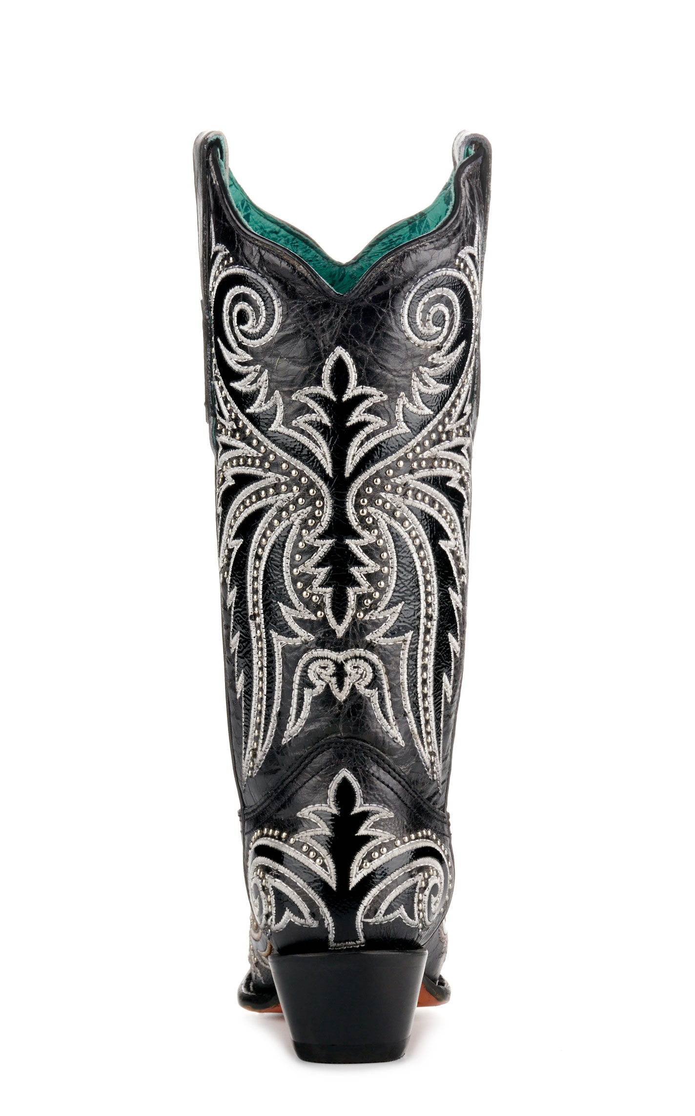 Corral Women's Distressed Black with White Embroidery and Studs Snip Toe Cowboy Boots - Image 1