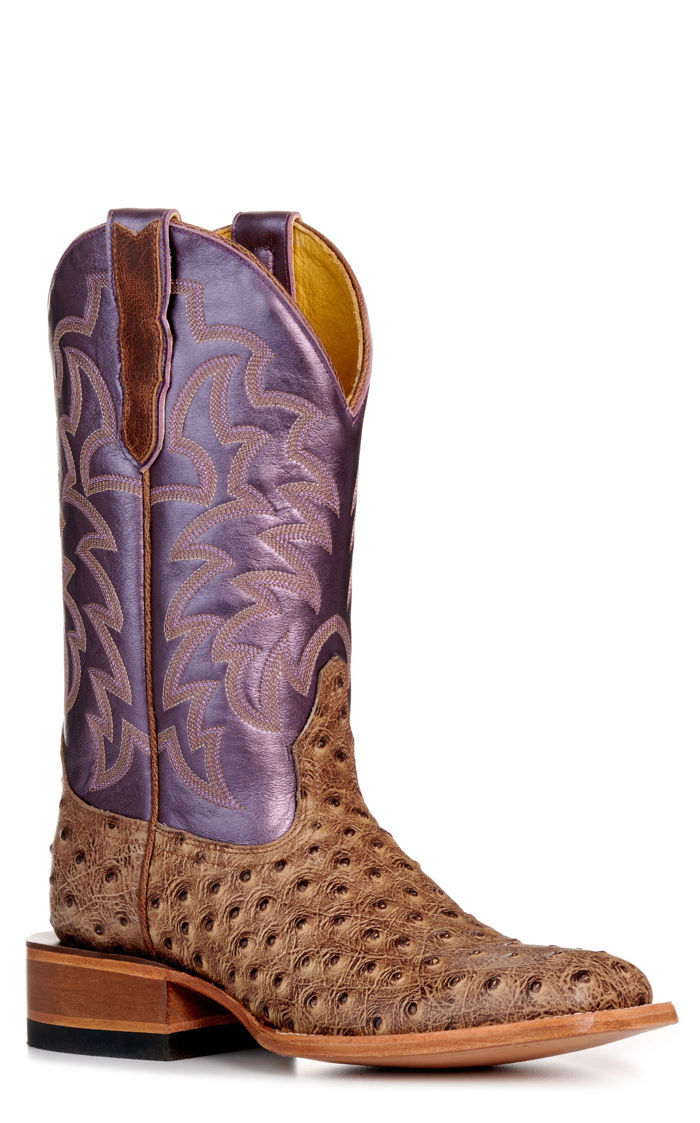 Cavender’s Women’s Endurance Sand Ostrich Print and Metallic Purple Wide Square Toe Cowboy Boots - Image 1