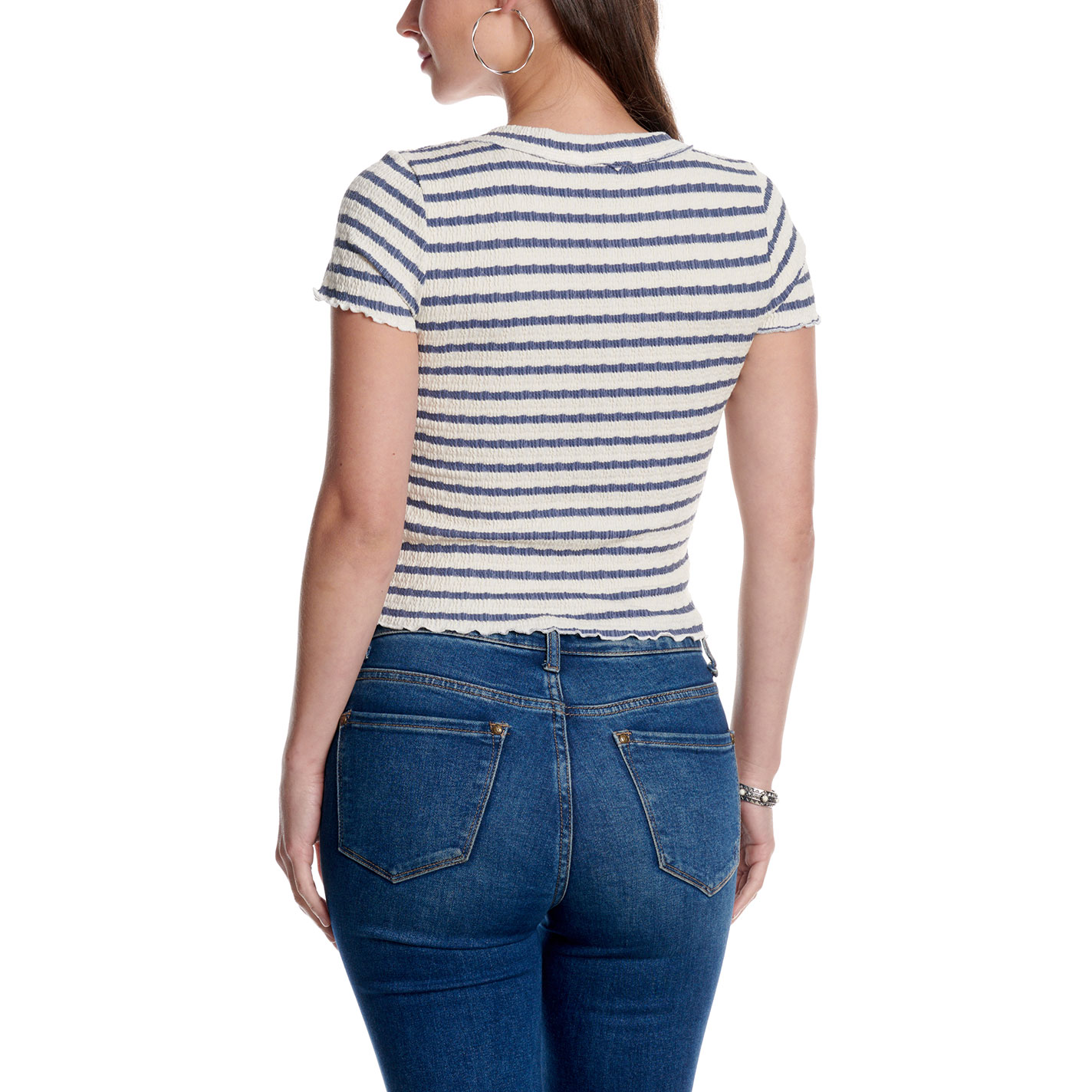 Moa Moa Women's Cream & indigo Striped V-Neck Ruffle Hem Top - Image 1