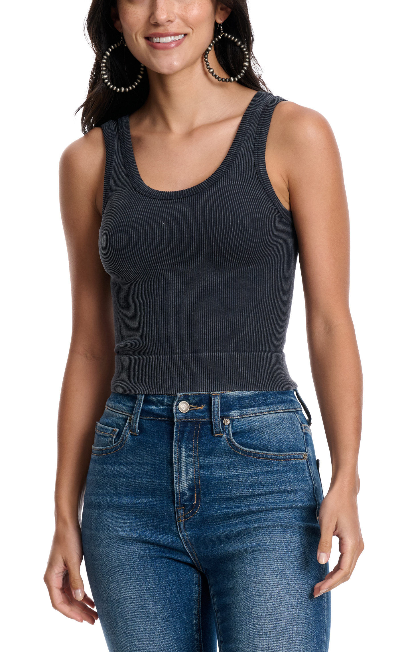 HYFVE Women's Washed Black Ribbed Stretch Tank Top - Image 1