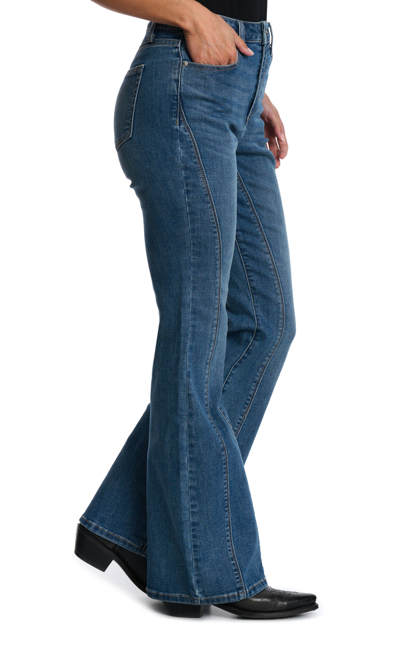 Sneak Peek Women's Medium Wash Decorative Seams Flare Jeans - Image 1