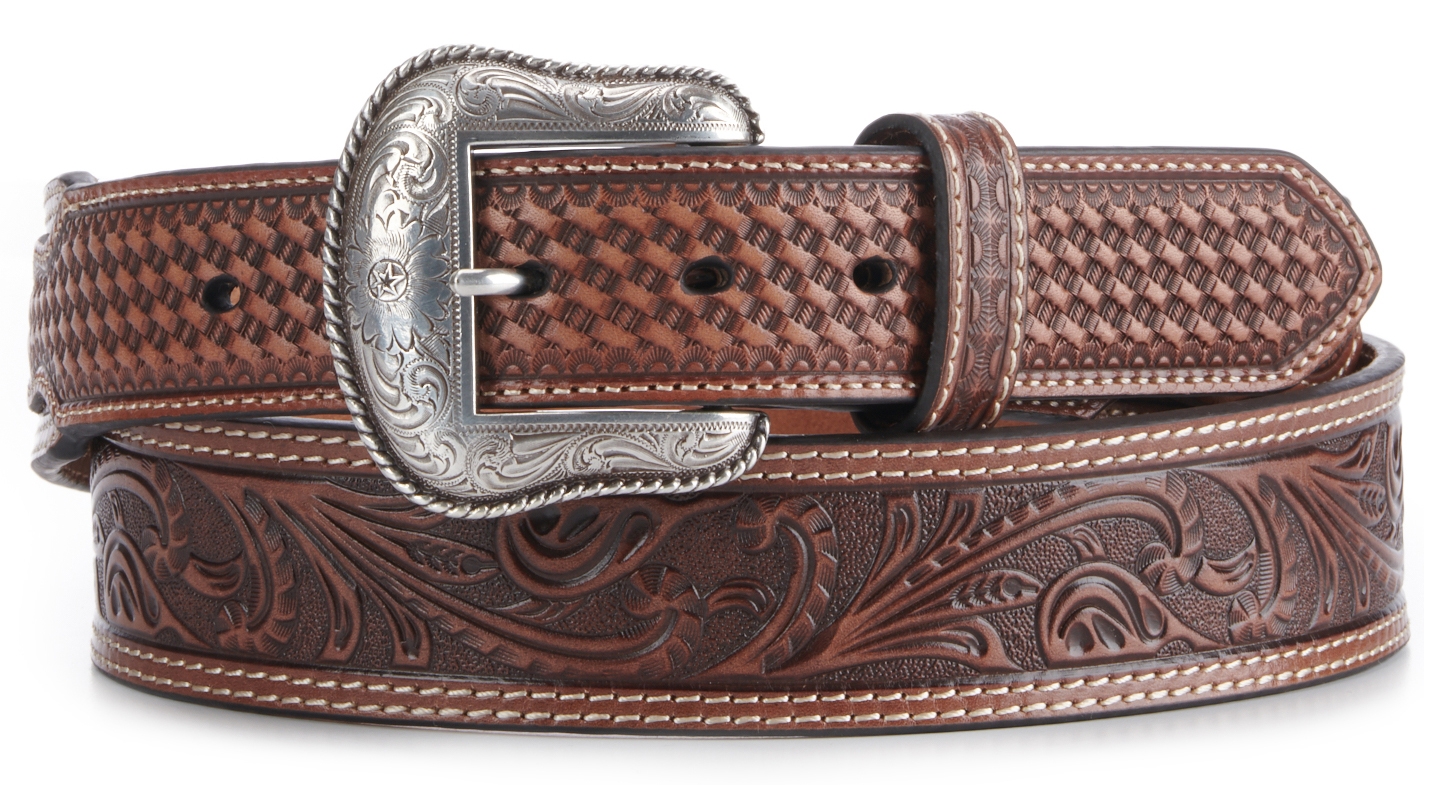 Nocona Men's Brown Floral Tooling and Basketweave Western Belt - Image 1