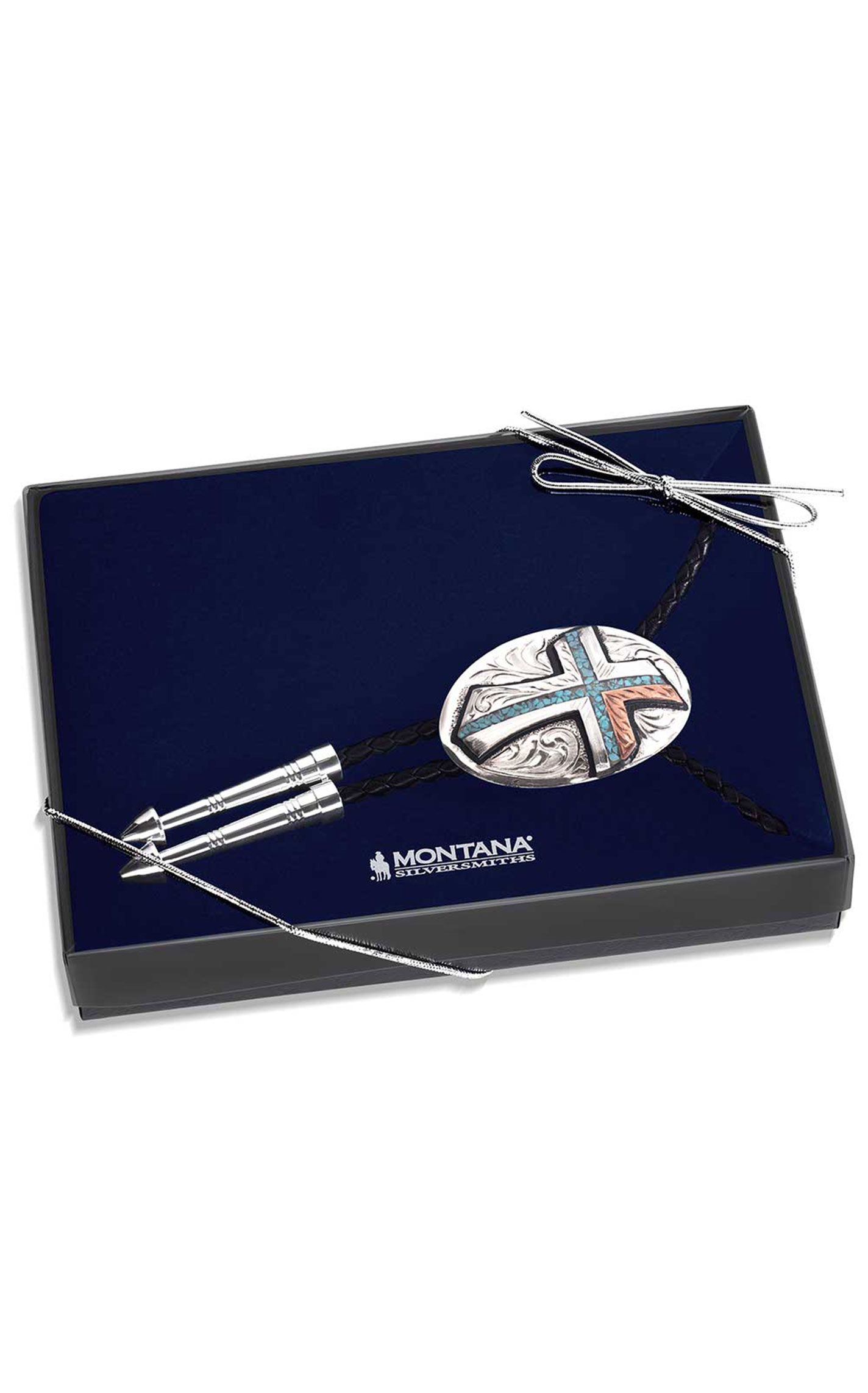 Montana Silversmiths Silver Turquoise & Copper Cross Bolo Tie - Image 1