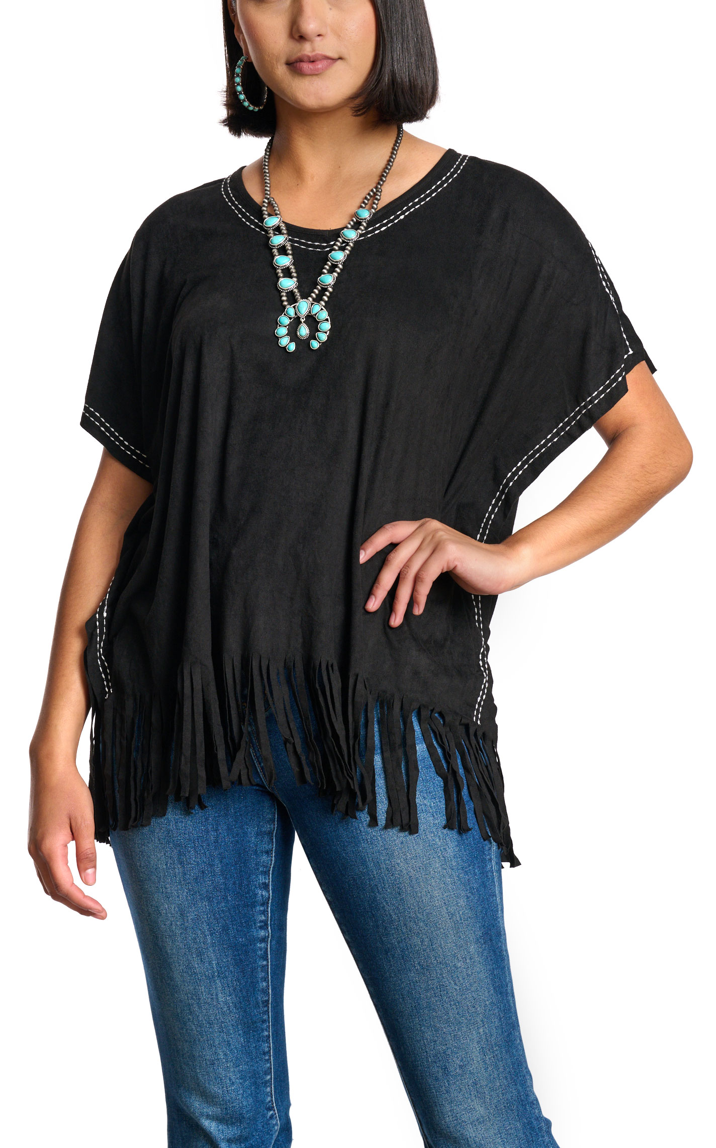 Cowgirl Hardware Women's Black Faux Suede Fringed Poncho Top - Image 1