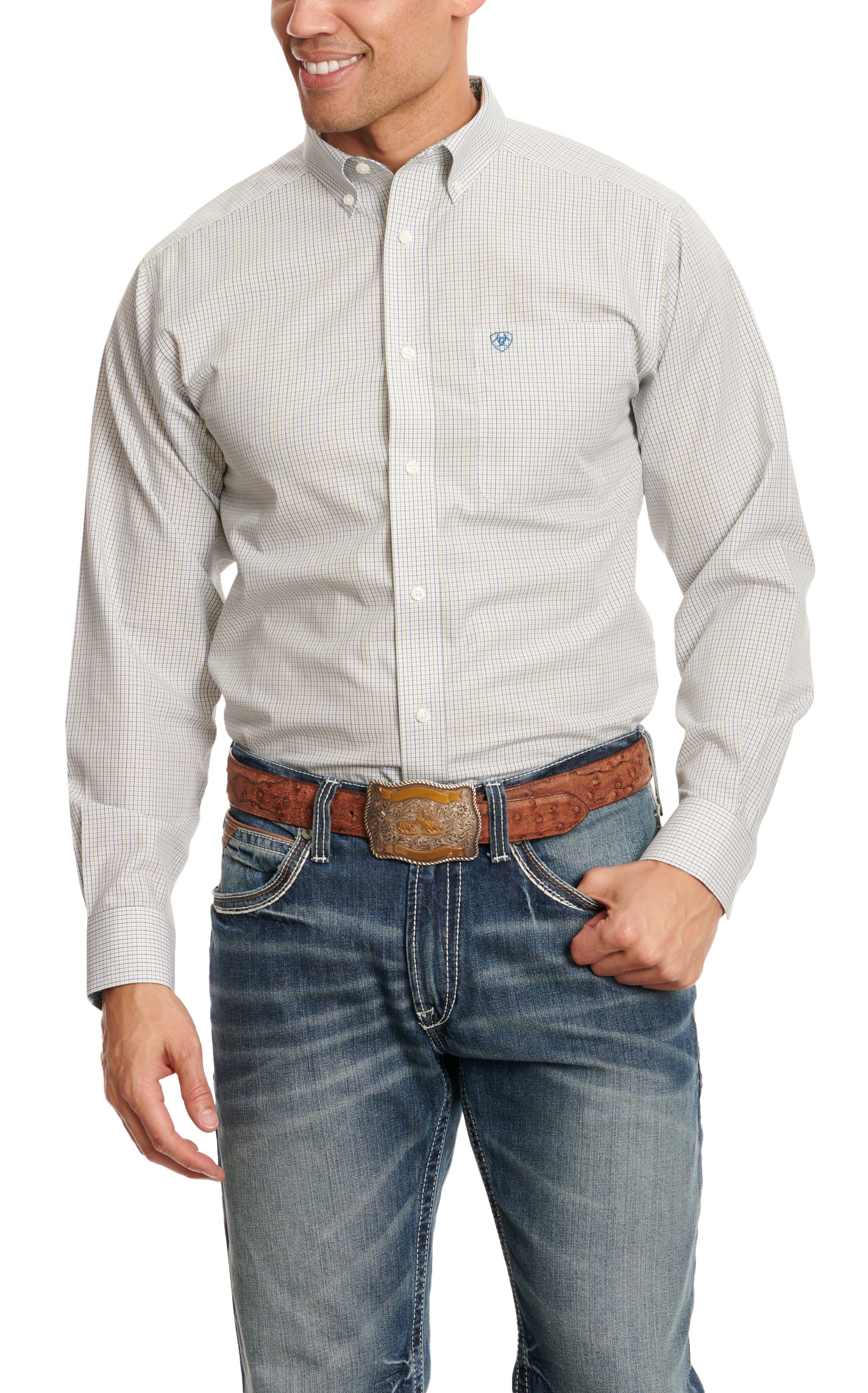 Ariat Men's Kaeden Navy & Spring Green Mini Plaid Western Shirt - Image 1