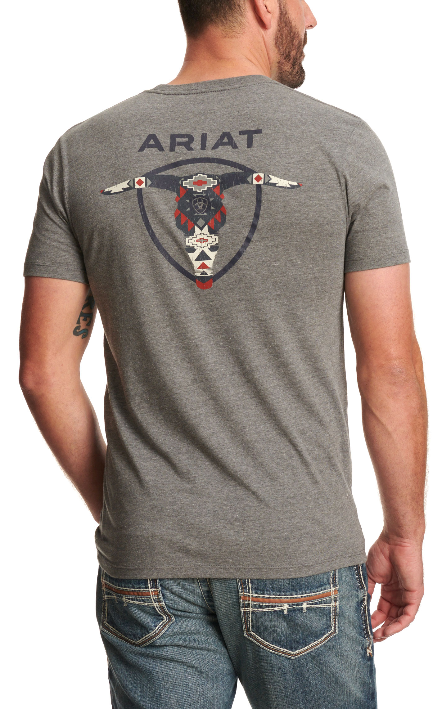 Ariat Men's Gray Aztec Longhorn Skull Logo Graphic T-Shirt - Image 1