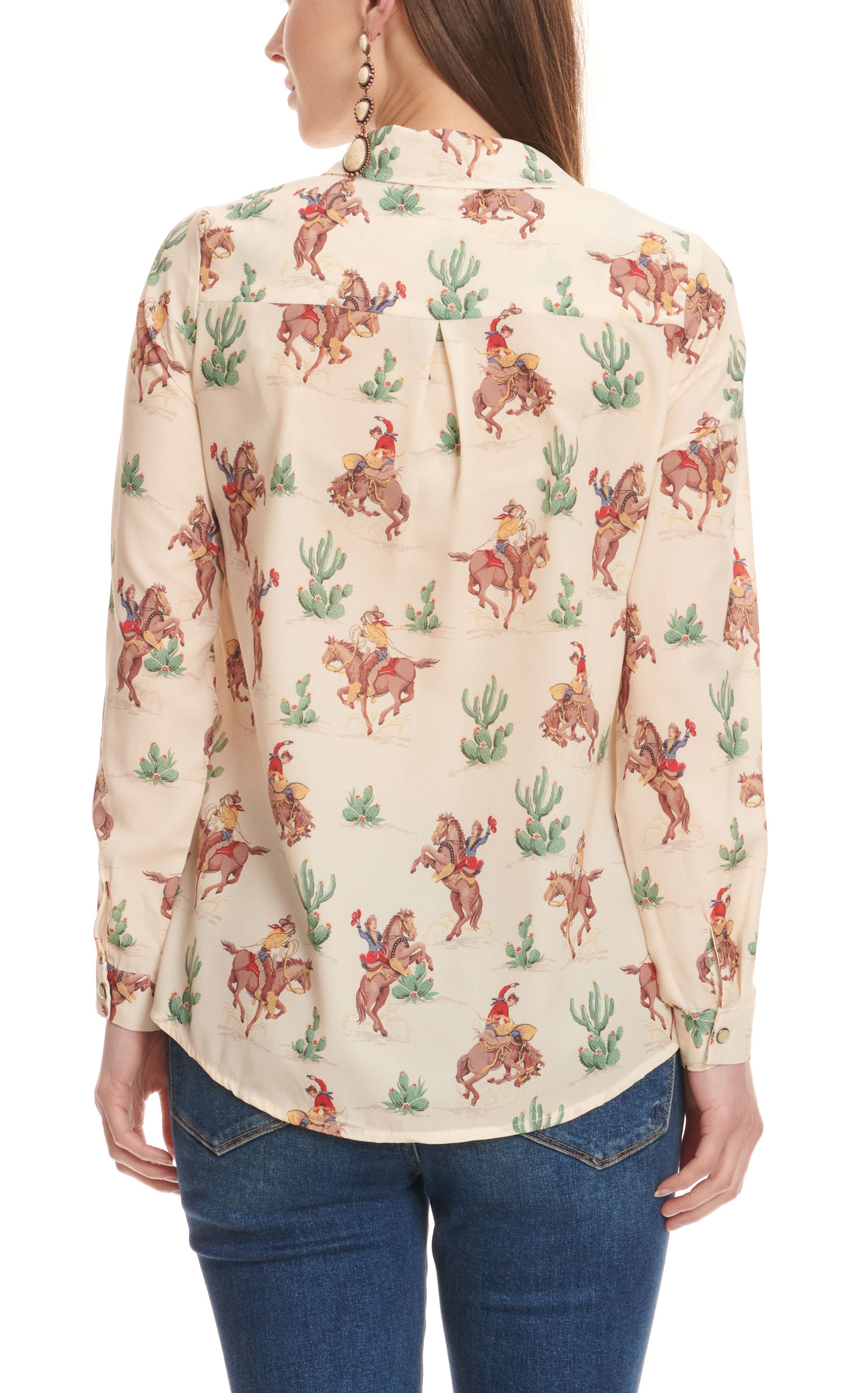 Fashion Express Women's Pale Yellow Bronc Rider and Cactus Print Long Sleeve Western Shirt - Image 1