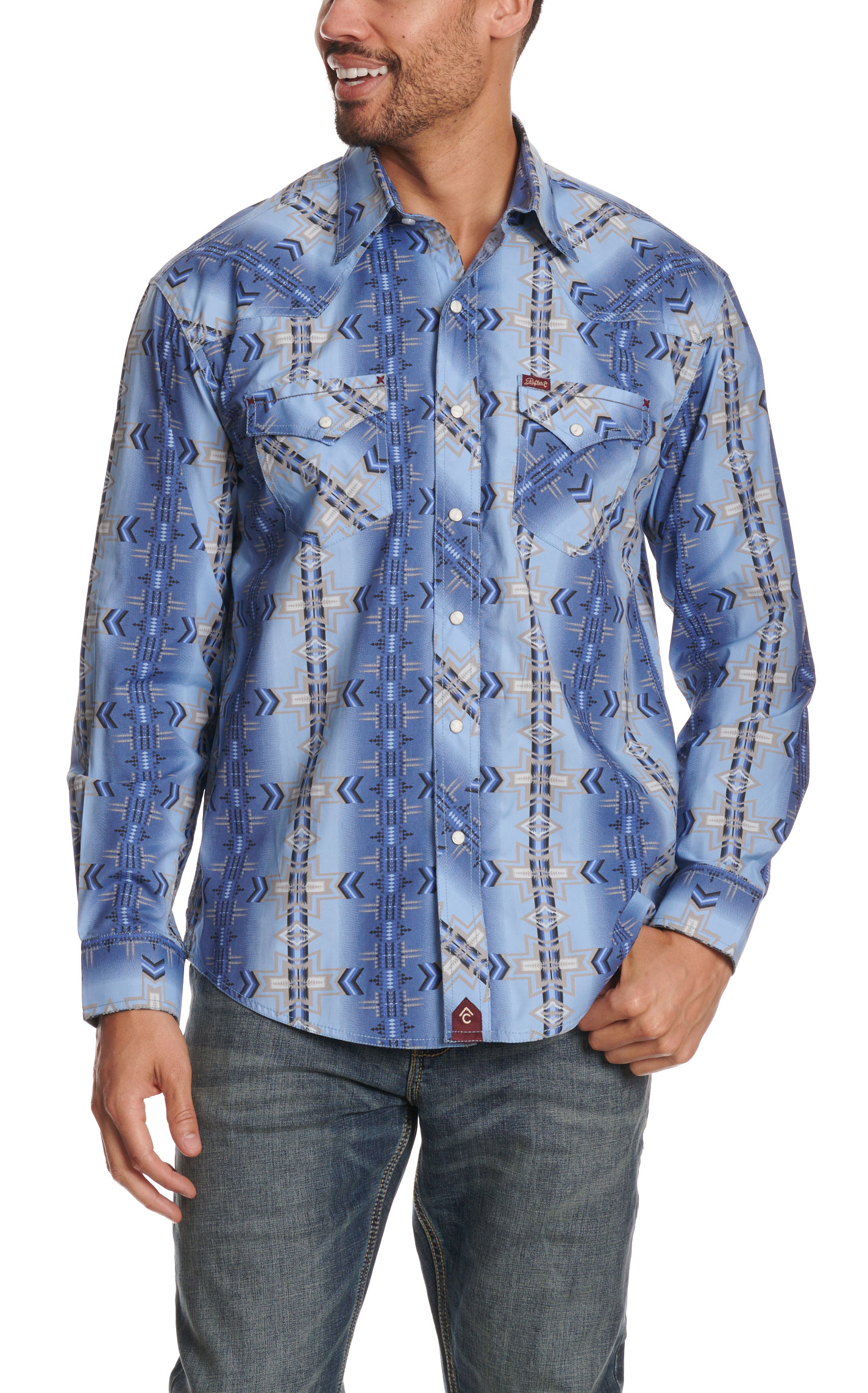 Rafter C Men's Blue Black & Taupe Aztec Print Western Shirt - Image 1