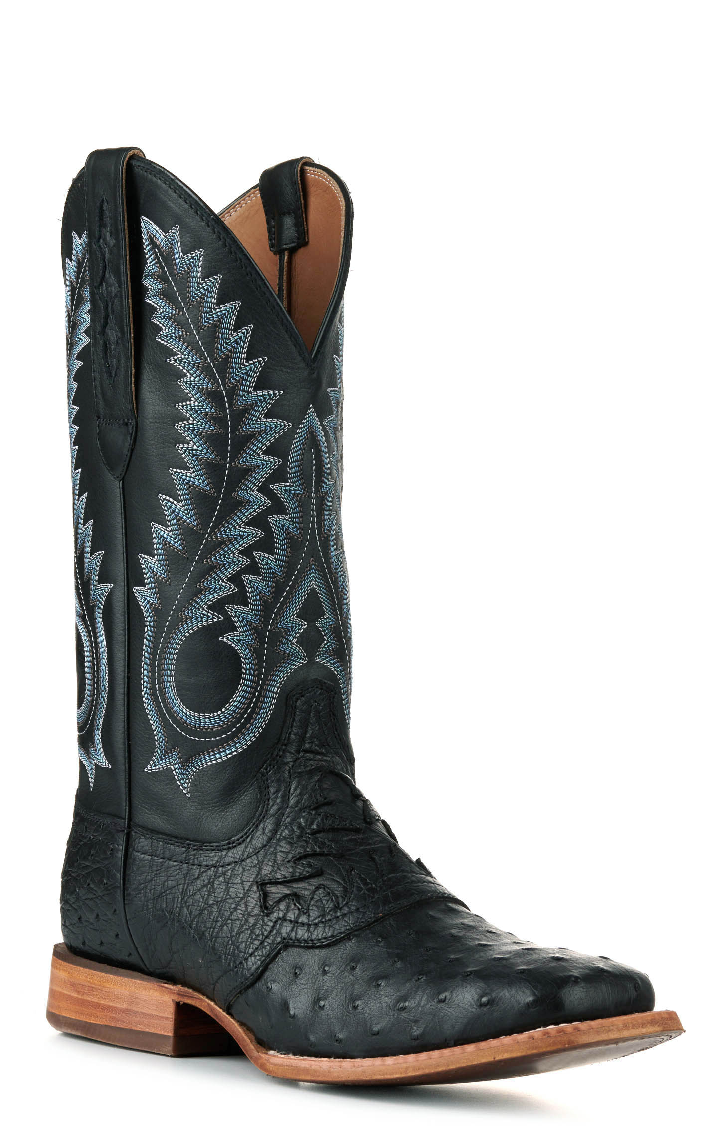 Durango Men's Black Full Quill Ostrich Saddle Vamp Wide Square Toe Exotic Cowboy Boots - Image 1