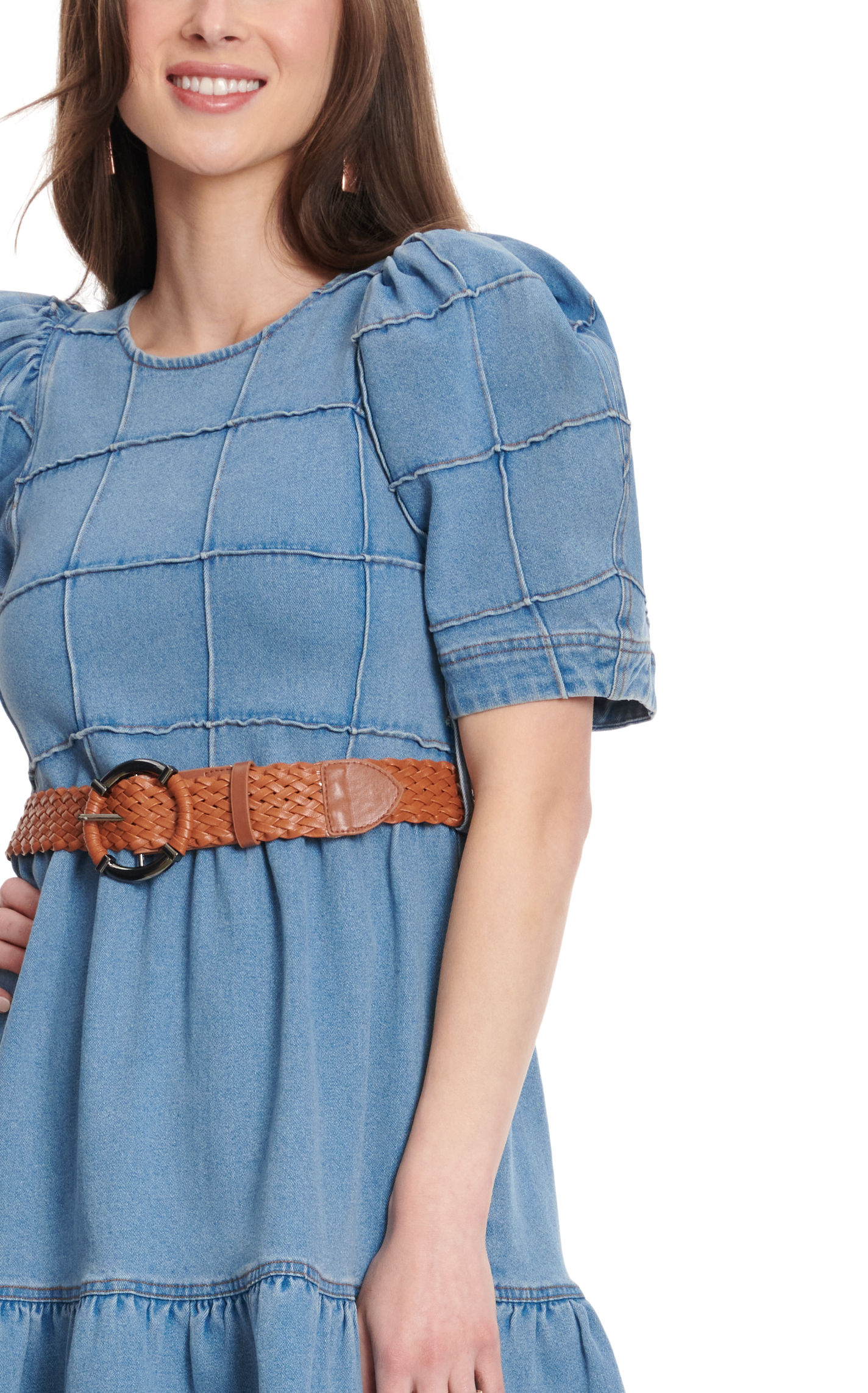 Rockin C Women's Light Wash Denim Short Puff Sleeve Squares & Ruffle Dress - Image 1