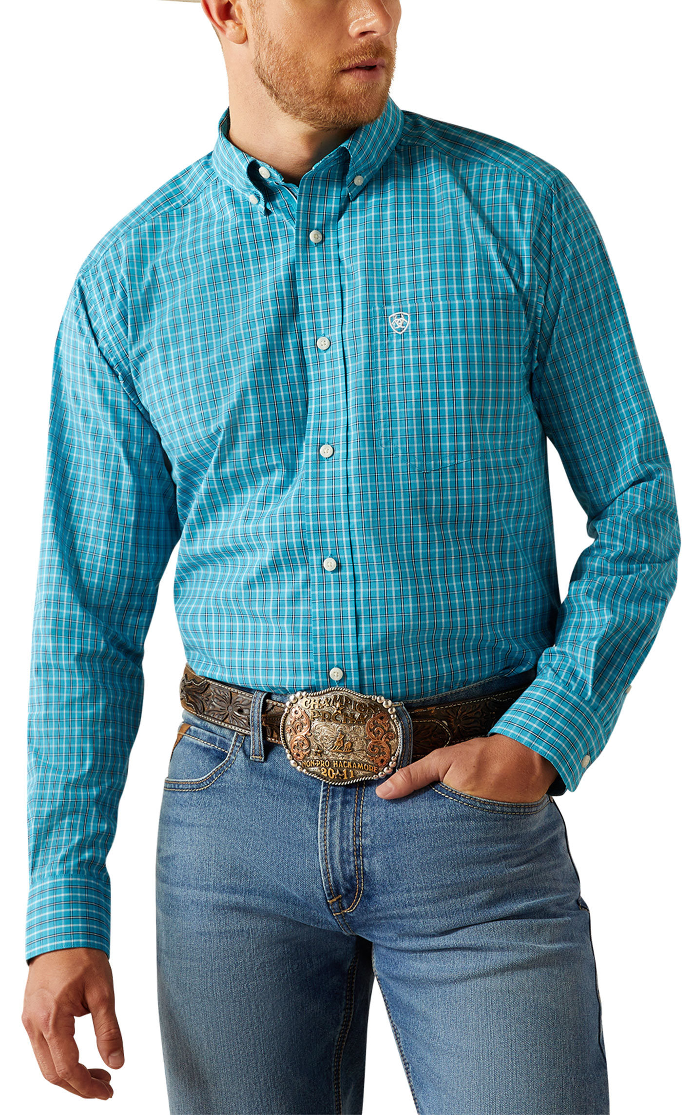 Ariat Pro Series Men's Journey Turquoise Plaid Western Shirt - Image 1