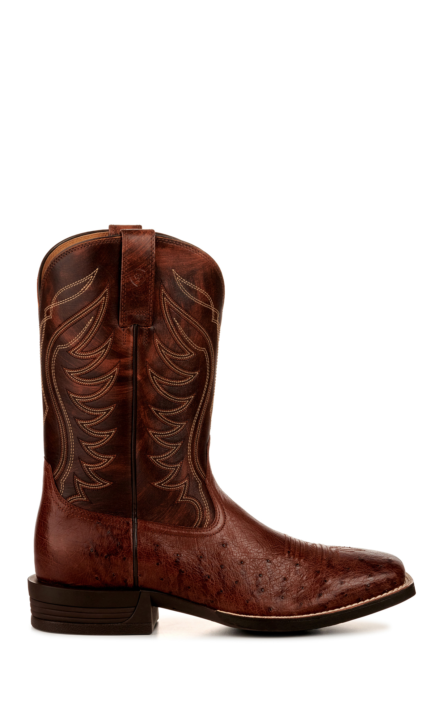 Ariat Men's Reckoning Nut Brown and Dark Tabac Smooth Quill Ostrich Shock Shield Wide Square Toe Exotic Cowboy Boot - Image 1