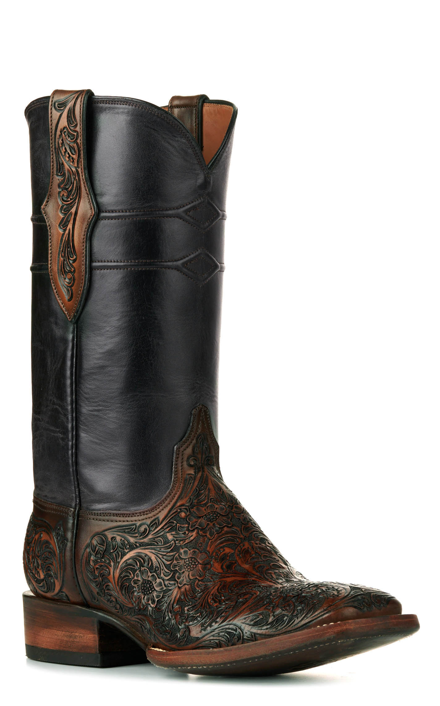 Black Jack Men's Mahogany Black and Brown Hand Tooled Wide Square Toe Cowboy Boots - Image 1