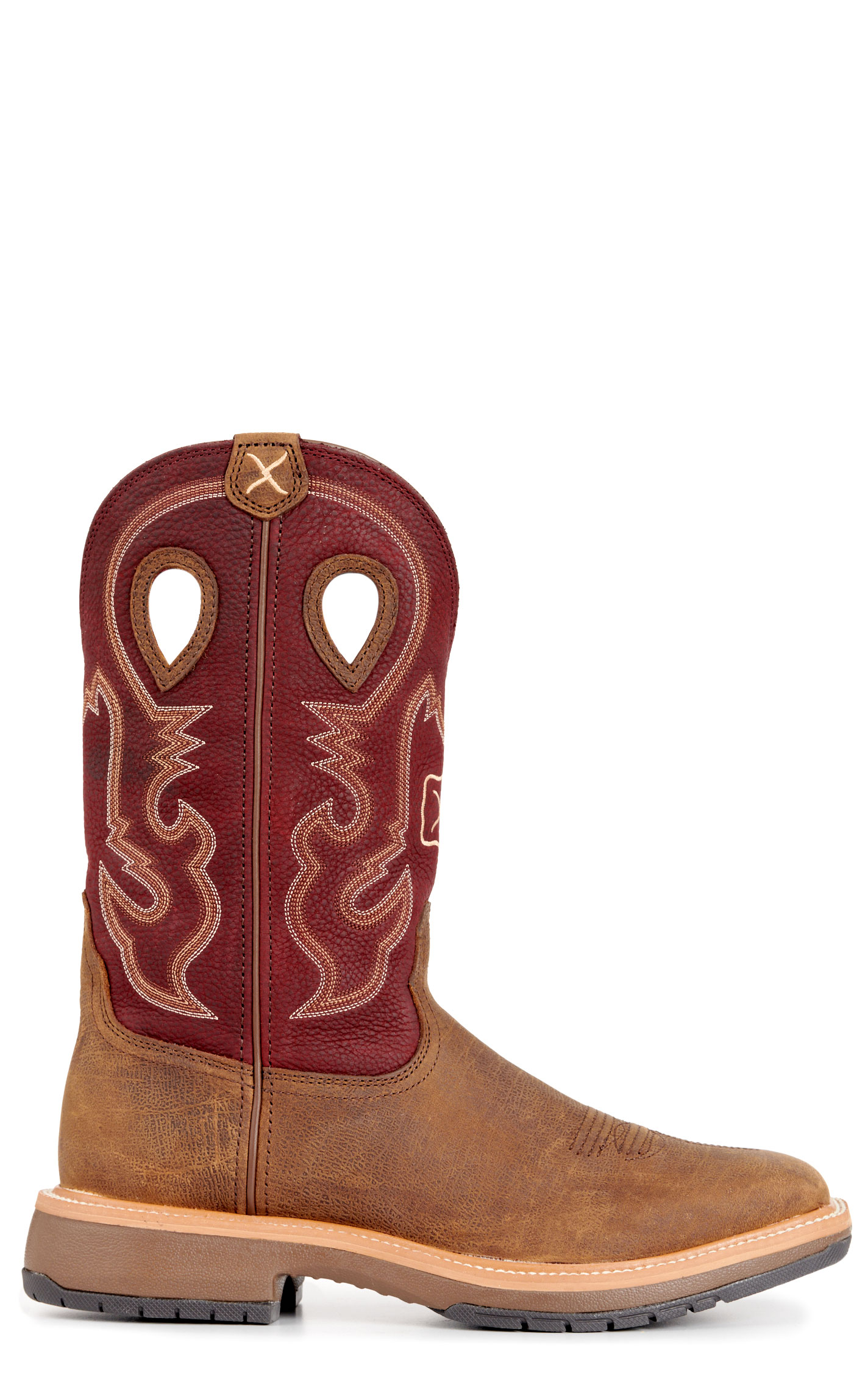 Twisted X Men's Horseman Brown and Burgundy Wide Square Toe Work Boots - Image 1