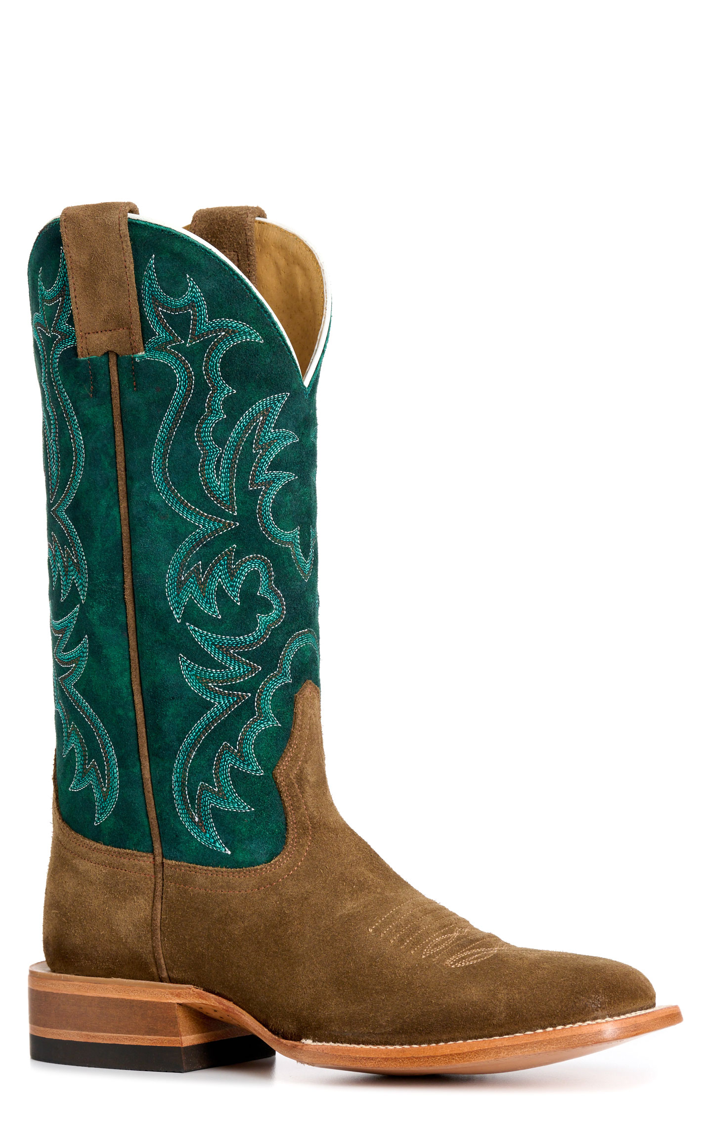 Cavender’s Women’s Moss Brown Suede & Emerald Wide Square Toe Cowboy Boots - Image 1