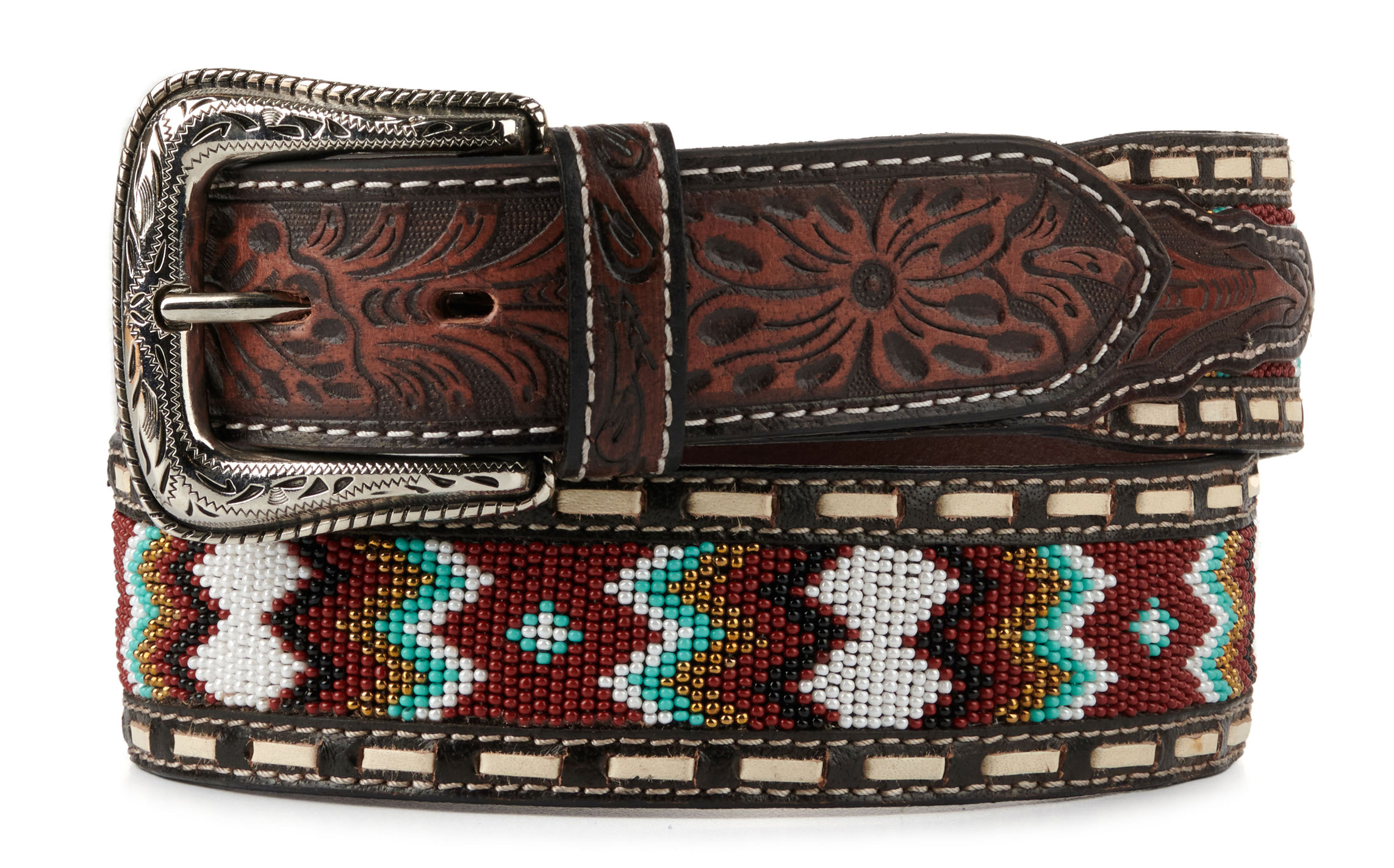 Ariat Men's Tooled Floral Leather and Multi-Color Aztec Beaded Western Belt - Image 1