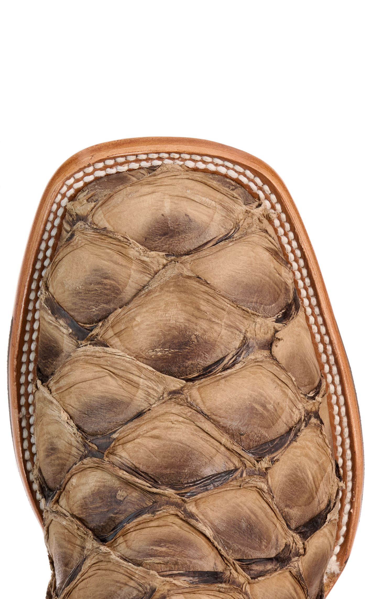 Cavender’s Men’s Chocolate and Coffee Pirarucu and Leather Wide Square Toe Exotic Cowboy Boots - Image 1