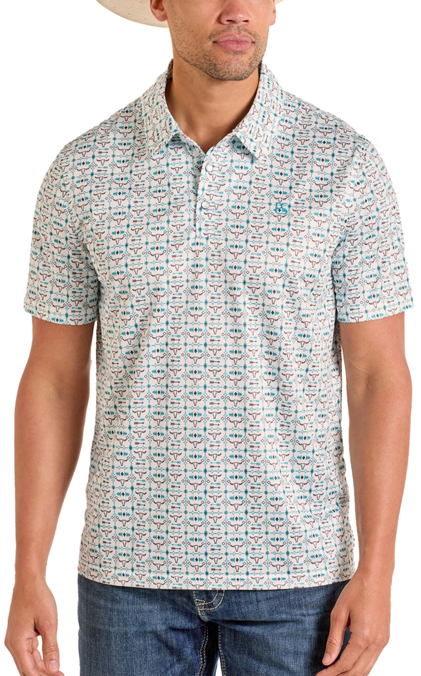 Panhandle Slim Men's Cream & Multi-Color Performance Polo Steer Skull Print Shirt - Image 1