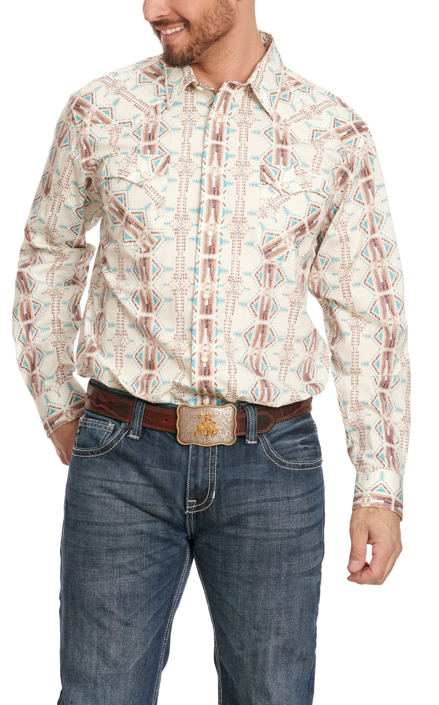 Panhandle Men's Cream Turquoise & Chocolate Aztec Print Long Sleeve Western Shirt - Image 1