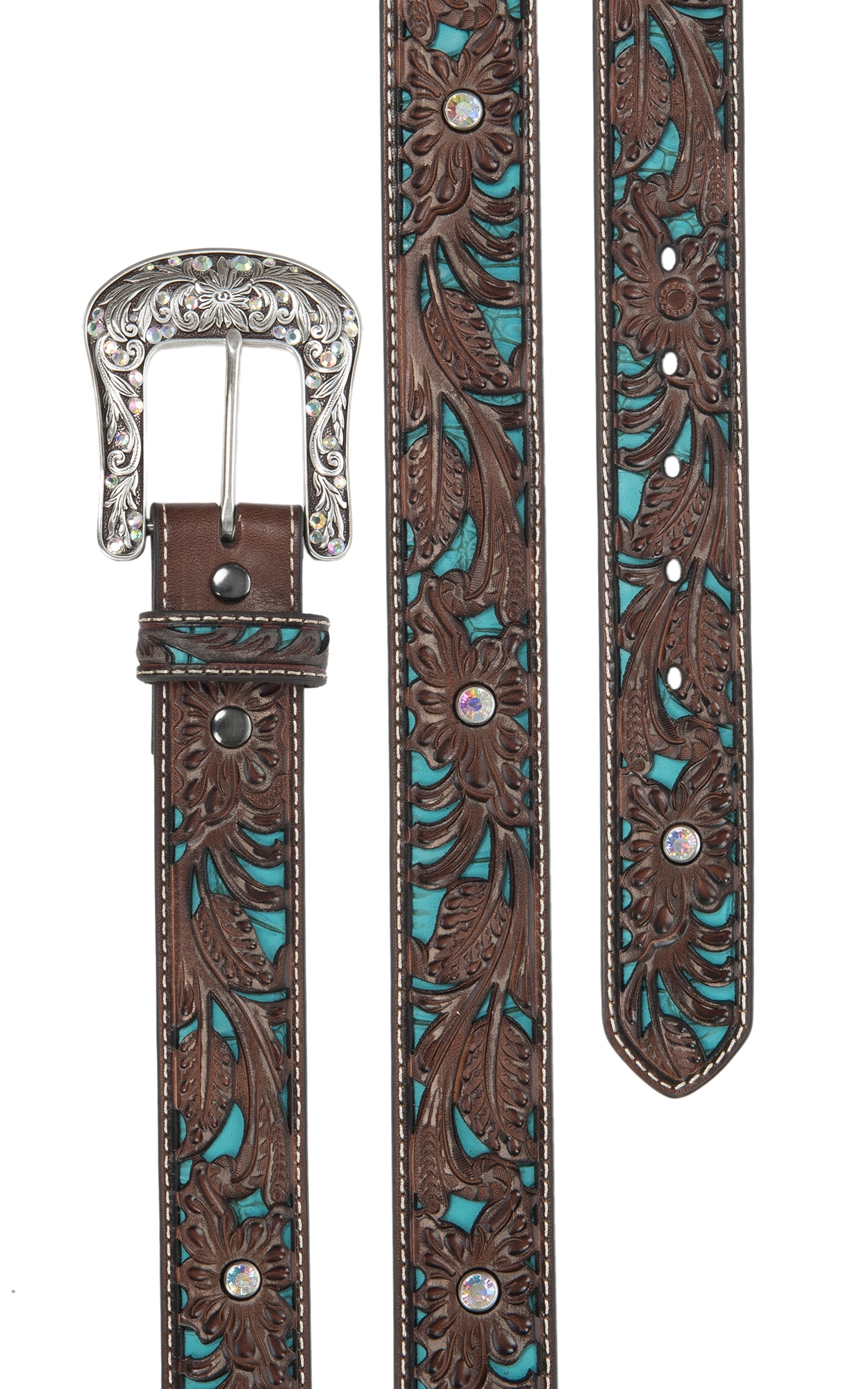 Ariat Women's Brown Tooled with Turquoise Inlay and Silver Buckle Leather Belt - Image 1