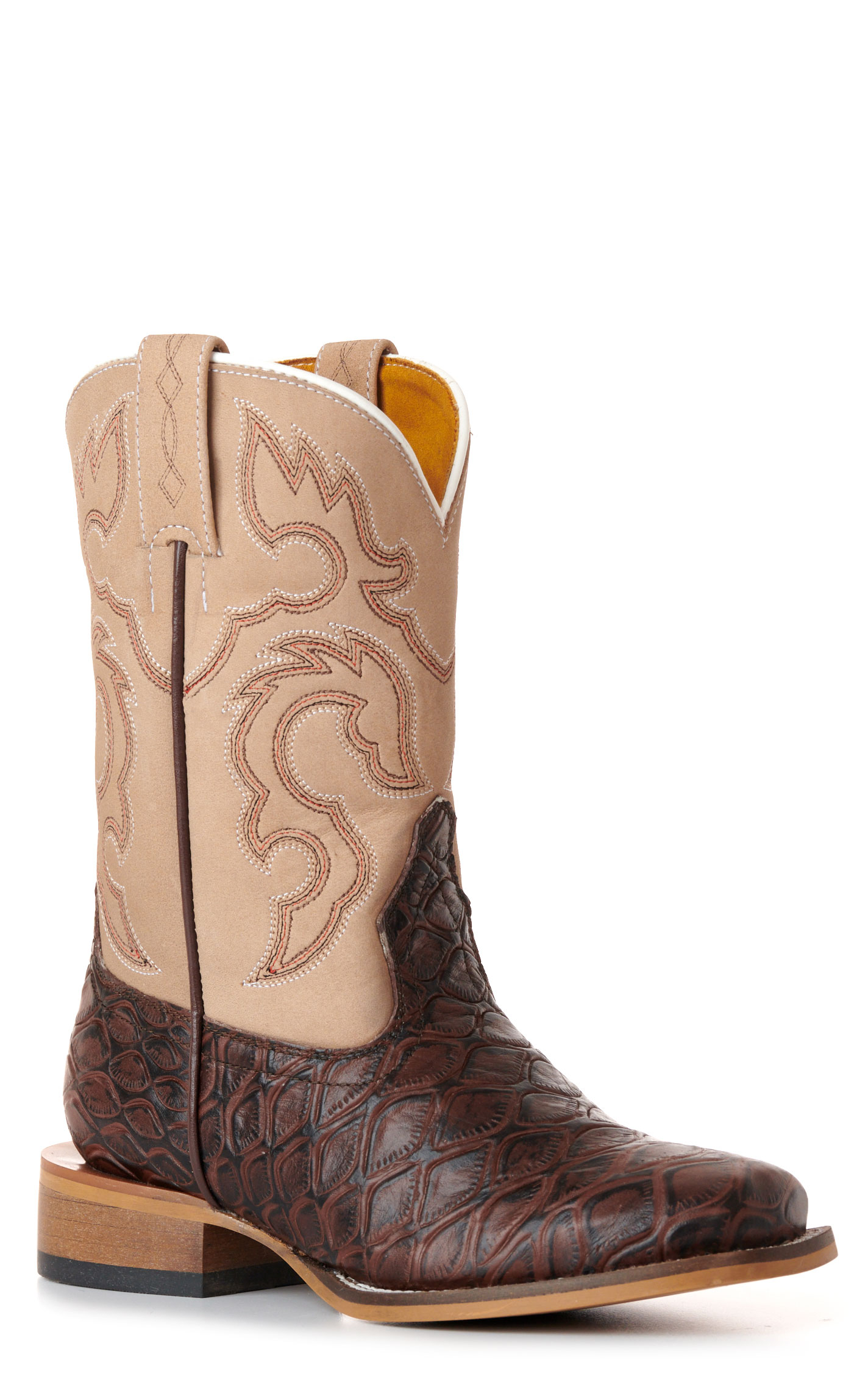Cavender's Kids' Cream & Chocolate Pirarucu Print Wide Square Toe Cowboy Boots - Image 1