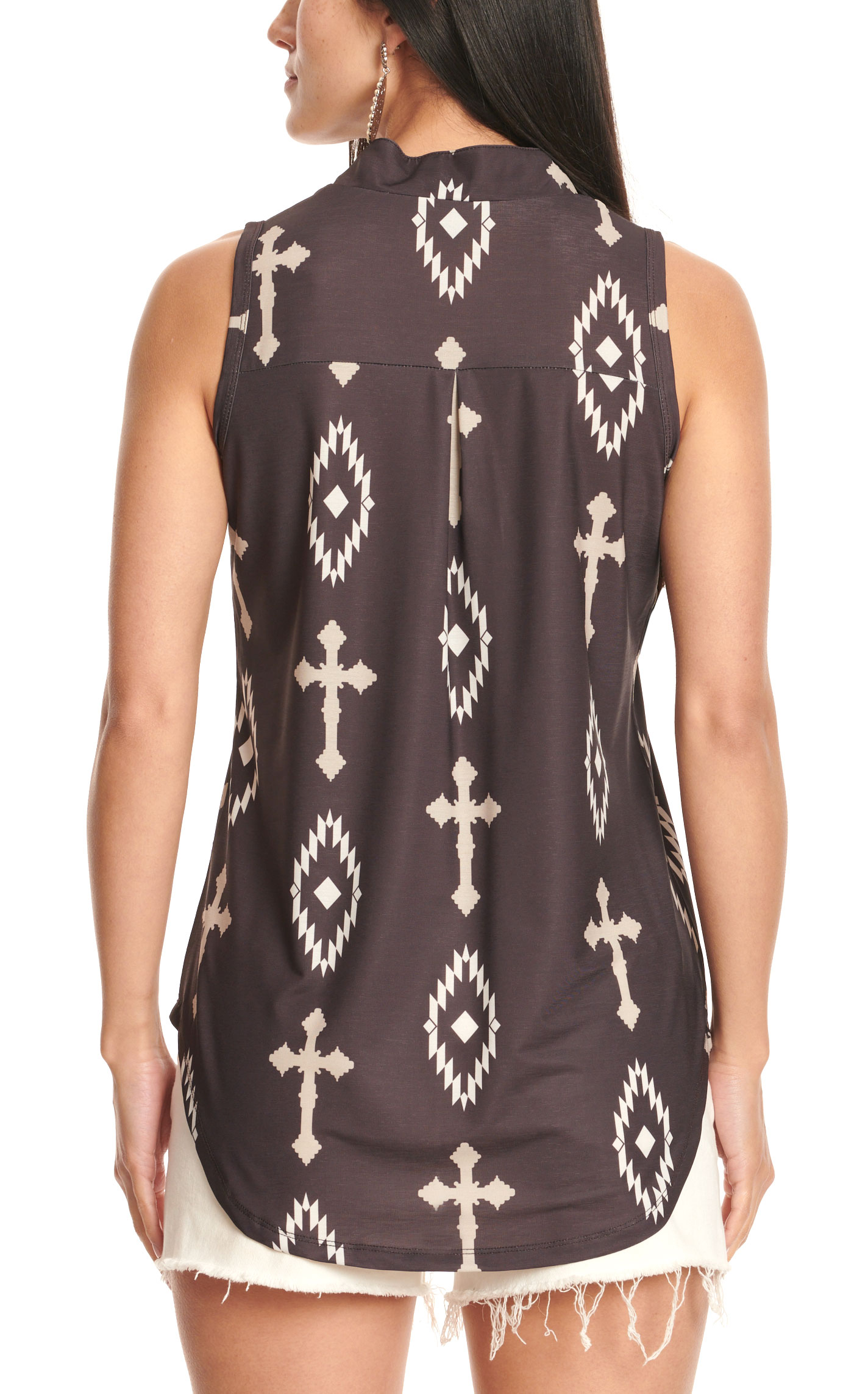 Cowgirl Hardware Women's Brown & Taupe Aztec Cross Print Top  - Image 1