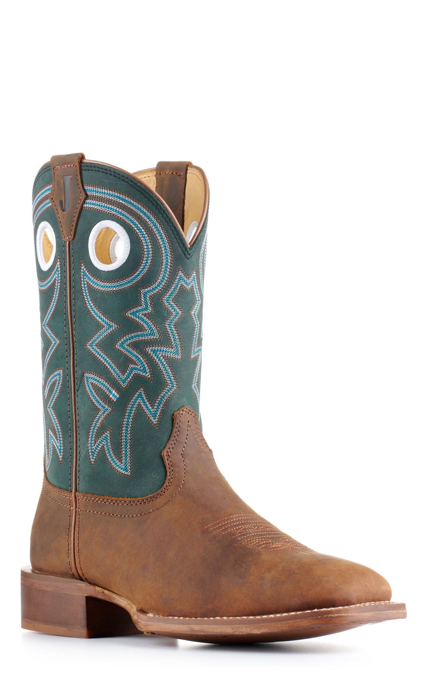 Justin Men's Frontier Tuf Brown and Green Wide Square Toe Cowboy Boots - Image 1