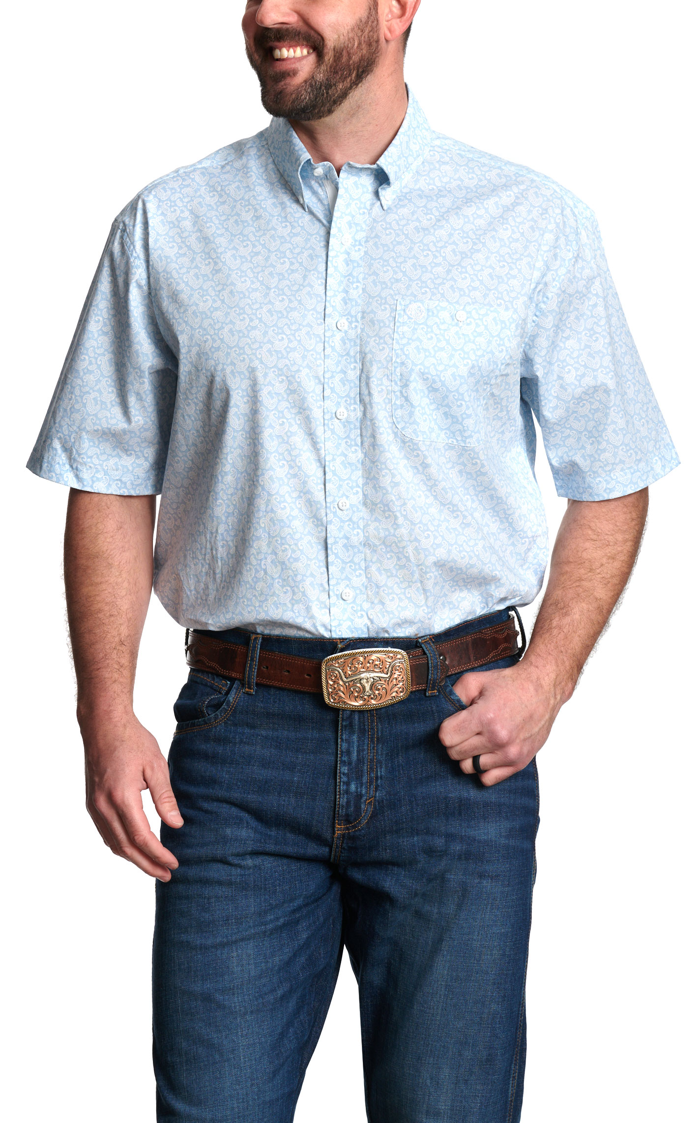 Wrangler Men's George Strait Collection Light Blue Paisley Print Western Shirt - Image 1