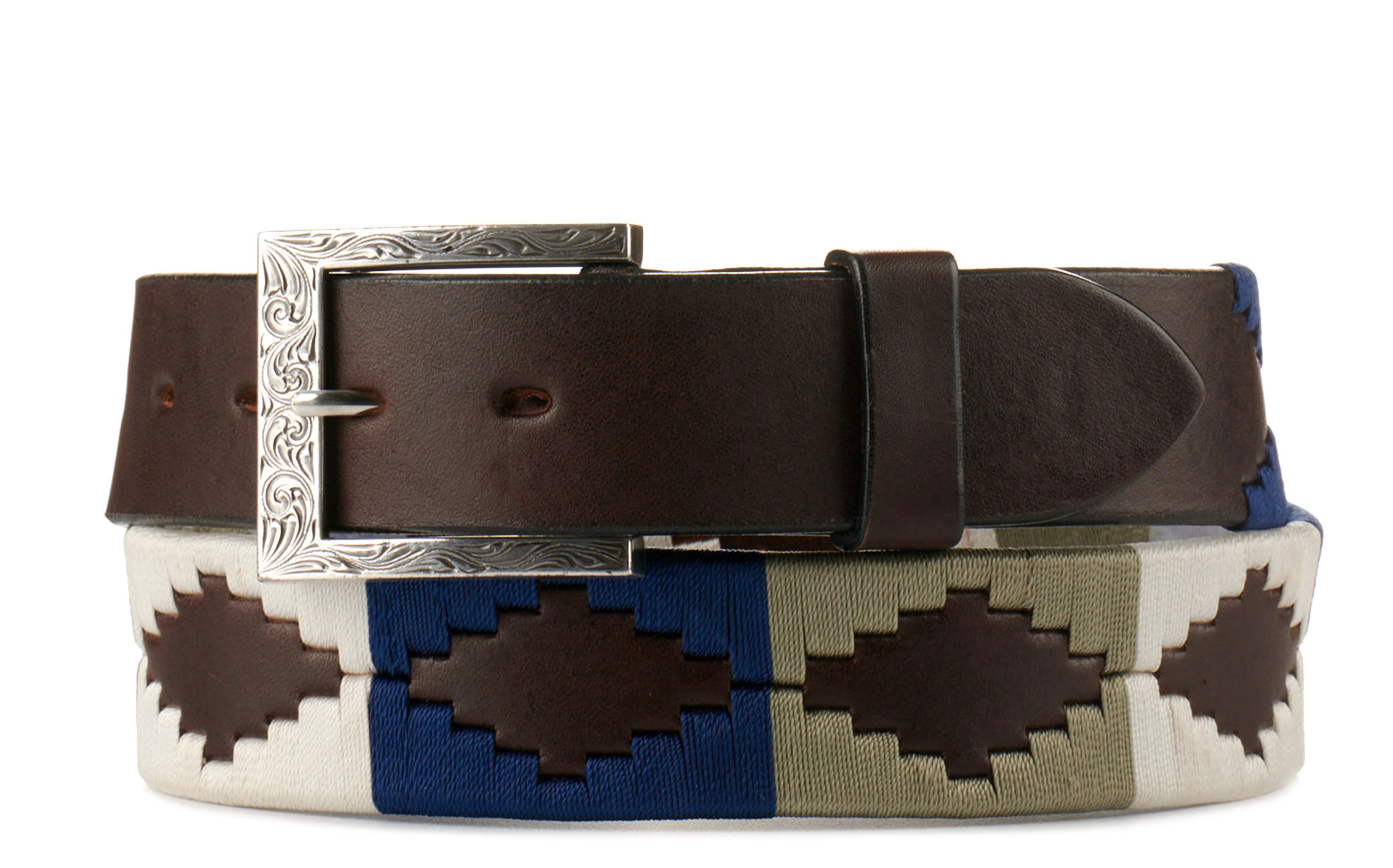 Rafter C Men's Navy & Cream Aztec Stitched Dark Brown Leather Western Belt - Image 1