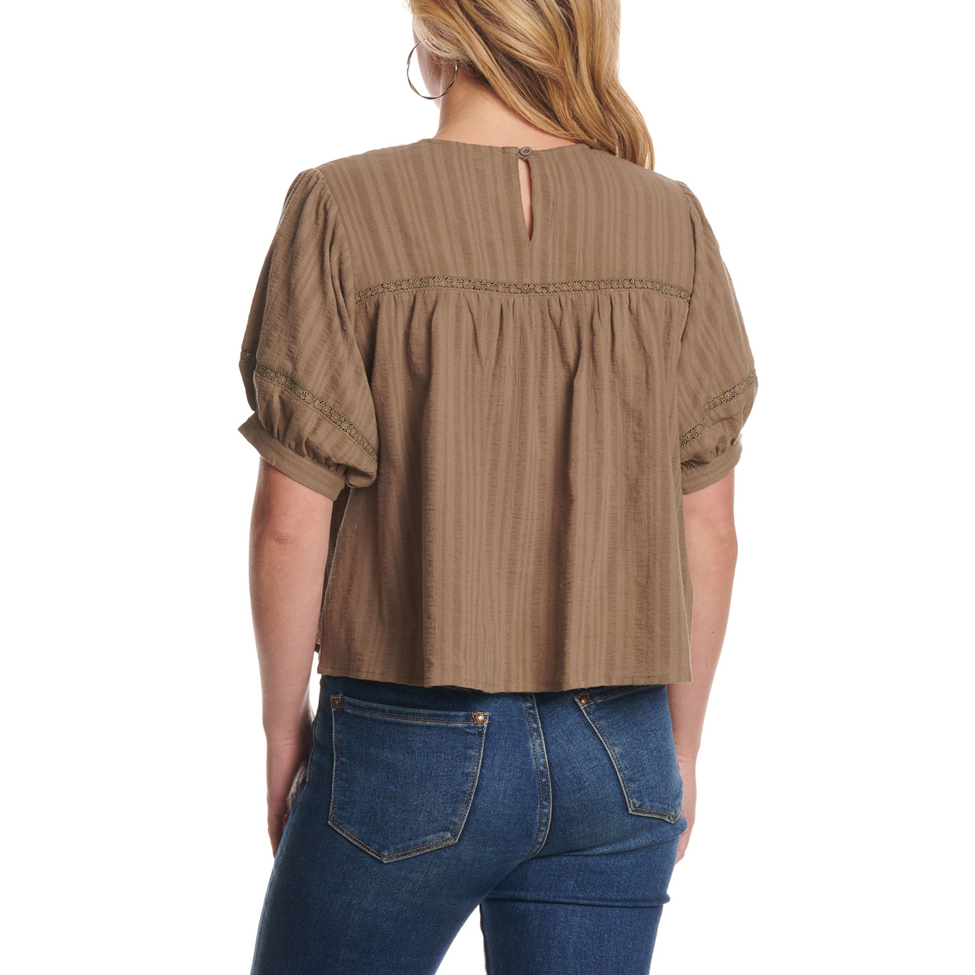 Yura Women's Olive Lace Puff Sleeve Cropped Top - Image 1