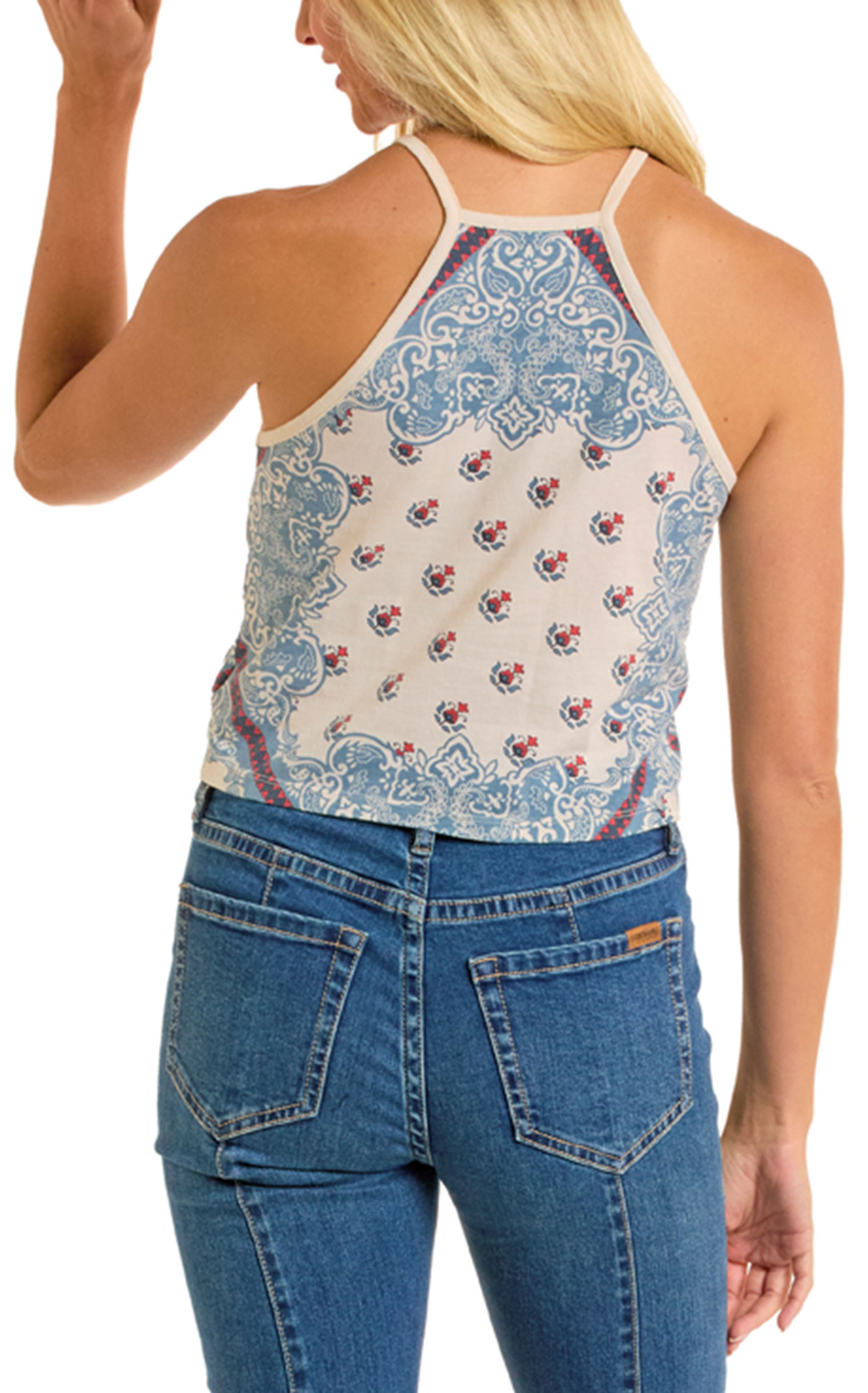 Rock & Roll Denim Women's Cream Blue & Red Bandana Halter Tank Top - Image 1
