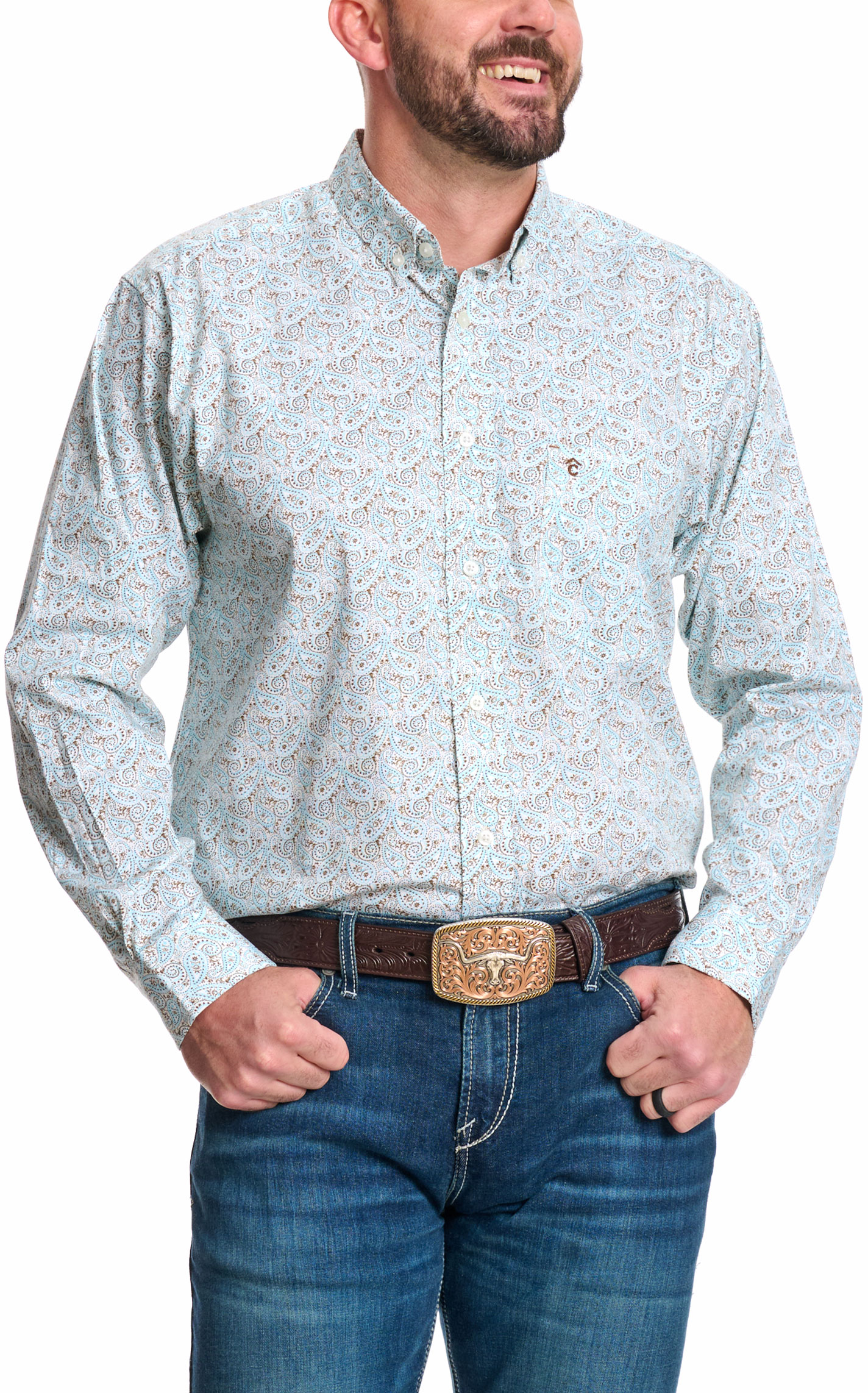 Rafter C Men's ProFlex45 Turquoise Paisley Western Shirt - Image 1