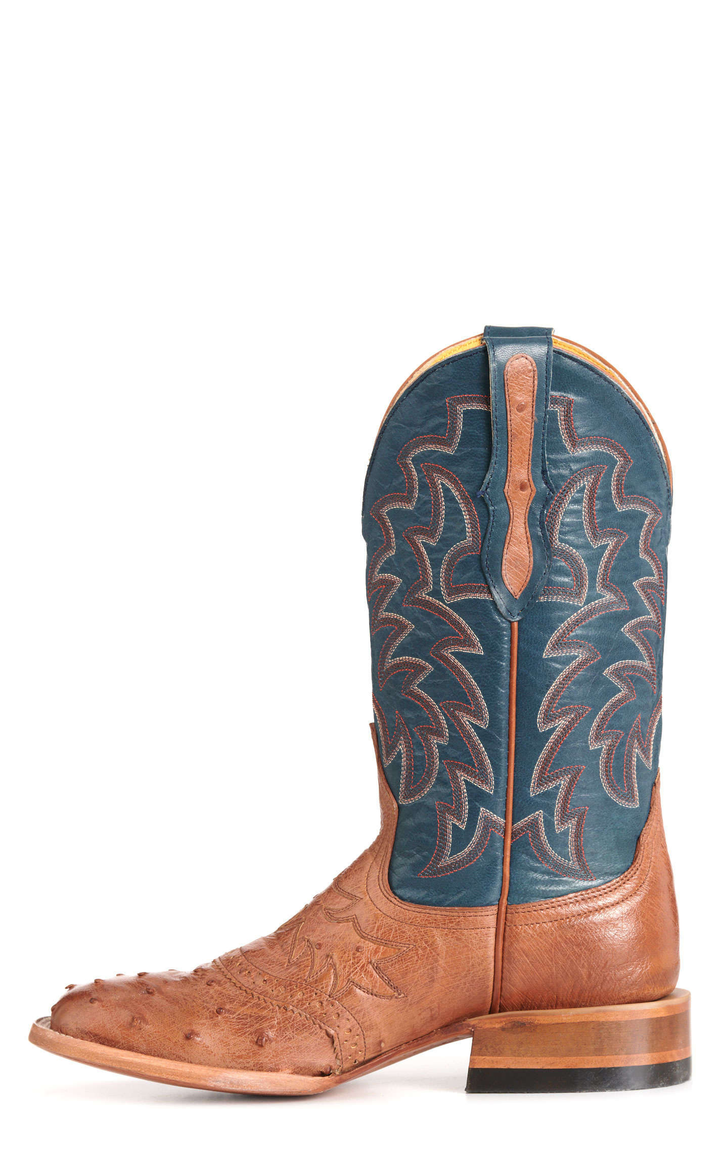 Cavender's Private Label Women's Horseman Cognac Ostrich & Blue Wide Square Toe Boots - Image 1