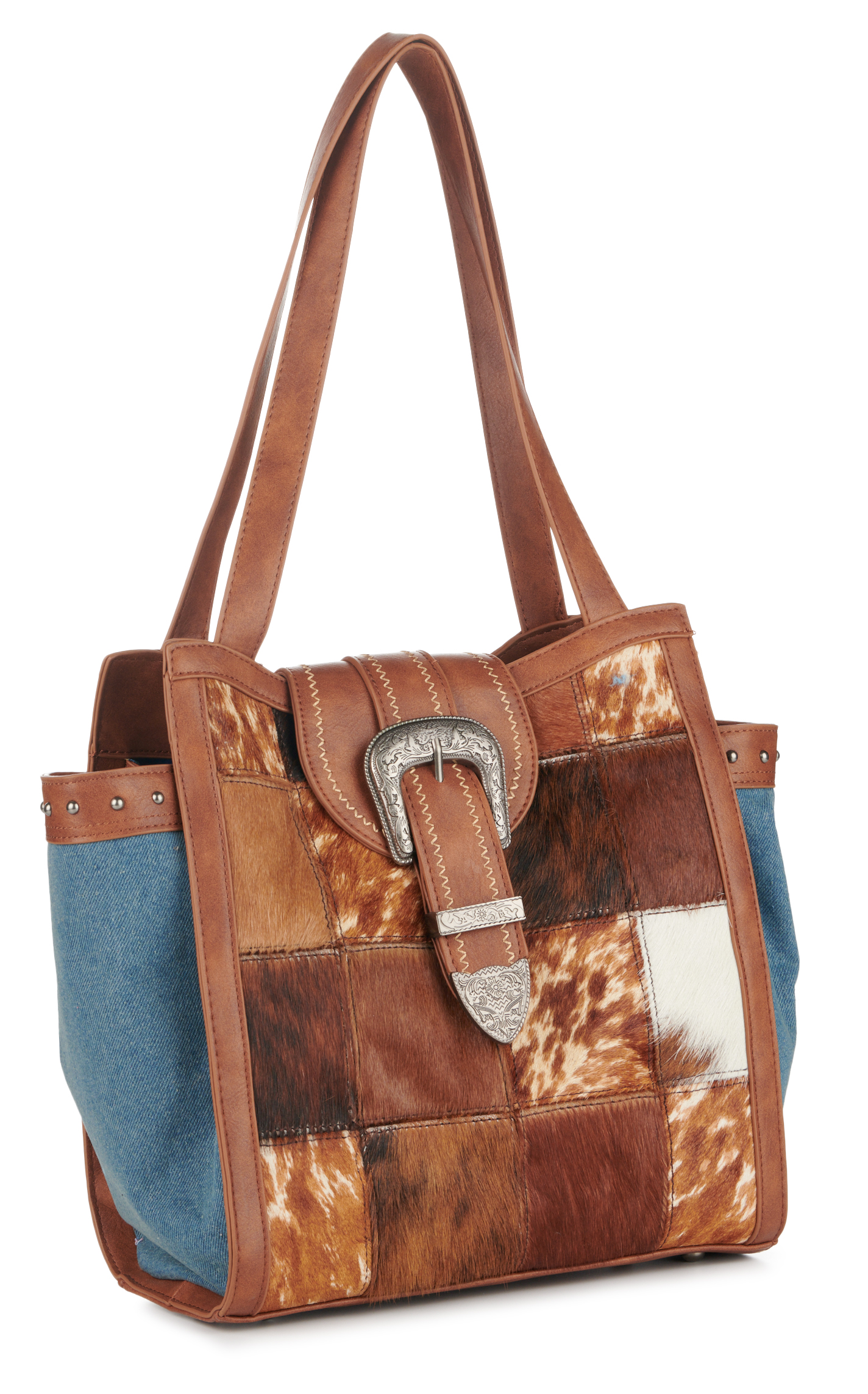 Catchfly Brown Leather Blue Denim & Hair on Hide Patchwork Tote - Image 1