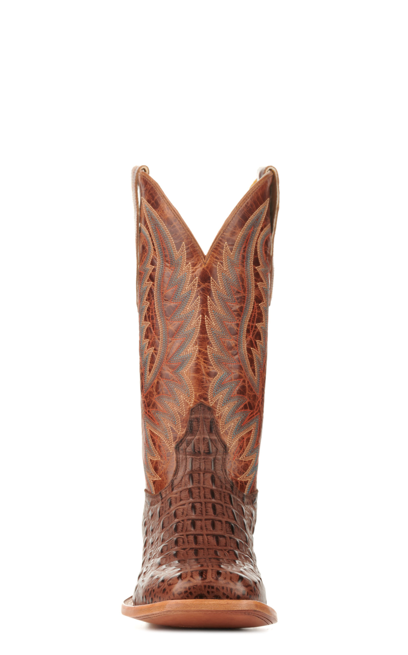 Cavender's Men's Brass and Chocolate Caiman Print Wide Square Toe Cowboy Boots - Image 1