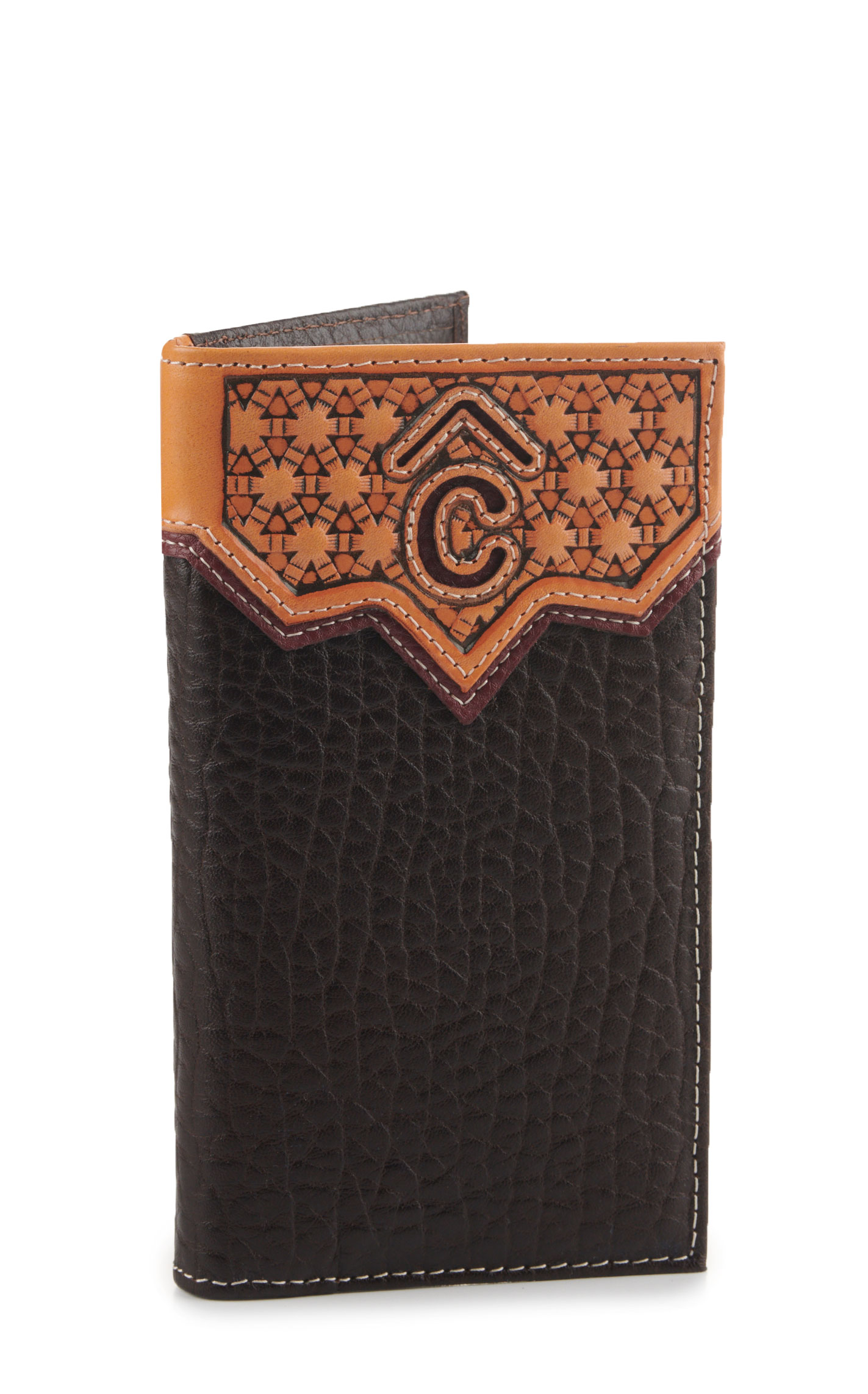 Rafter C Men’s Dark Tooled Leather Burgundy Underlay Checkbook Cover Rodeo Wallet - Image 1