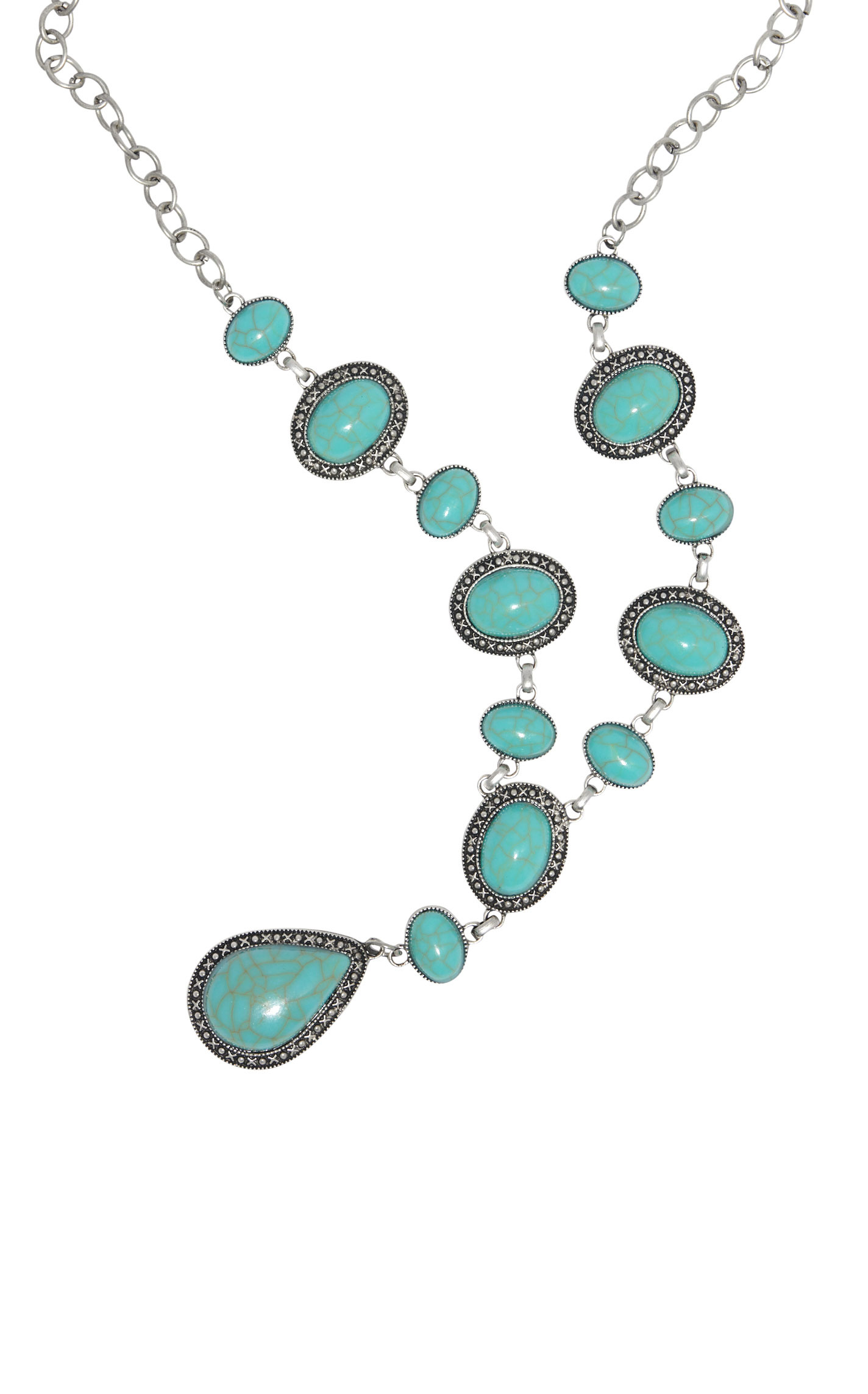 Rockin' C Antiqued Silver & Turquoise Stone Y Chain Necklace - Image 1