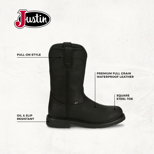 Justin Men's Black Waterproof Round Steel Toe Work Boots - Image 1