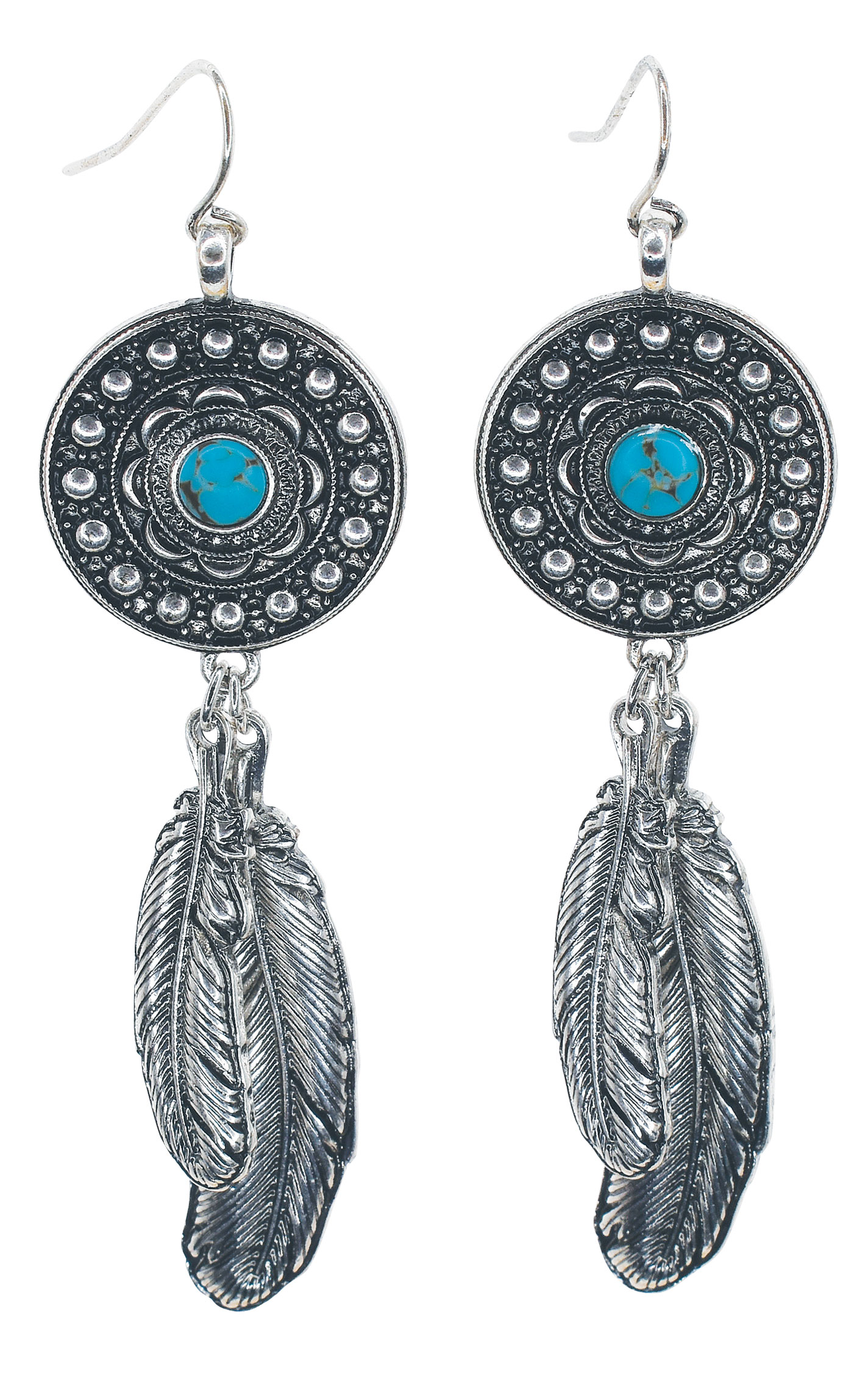Justin Ladies’ Silver and Turquoise Pendant and Feather Charms Earrings - Image 1