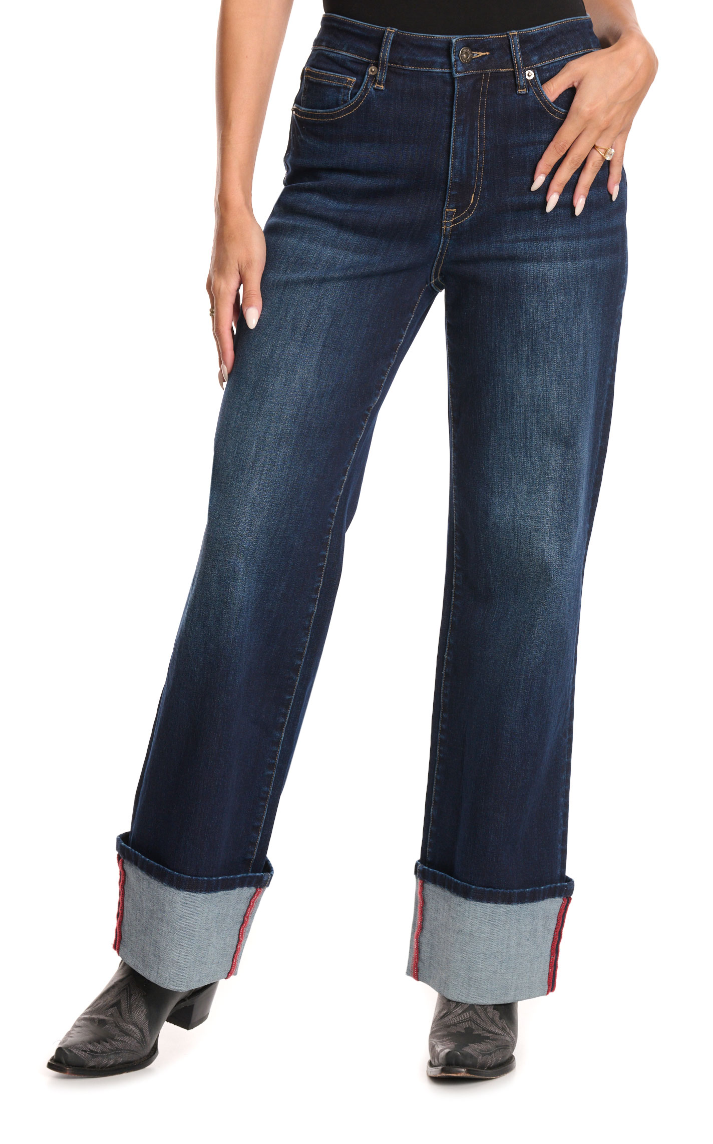Rockin C Dark Wash High Rise Contrast Seam Wide Leg Cuffed Jean - Image 1