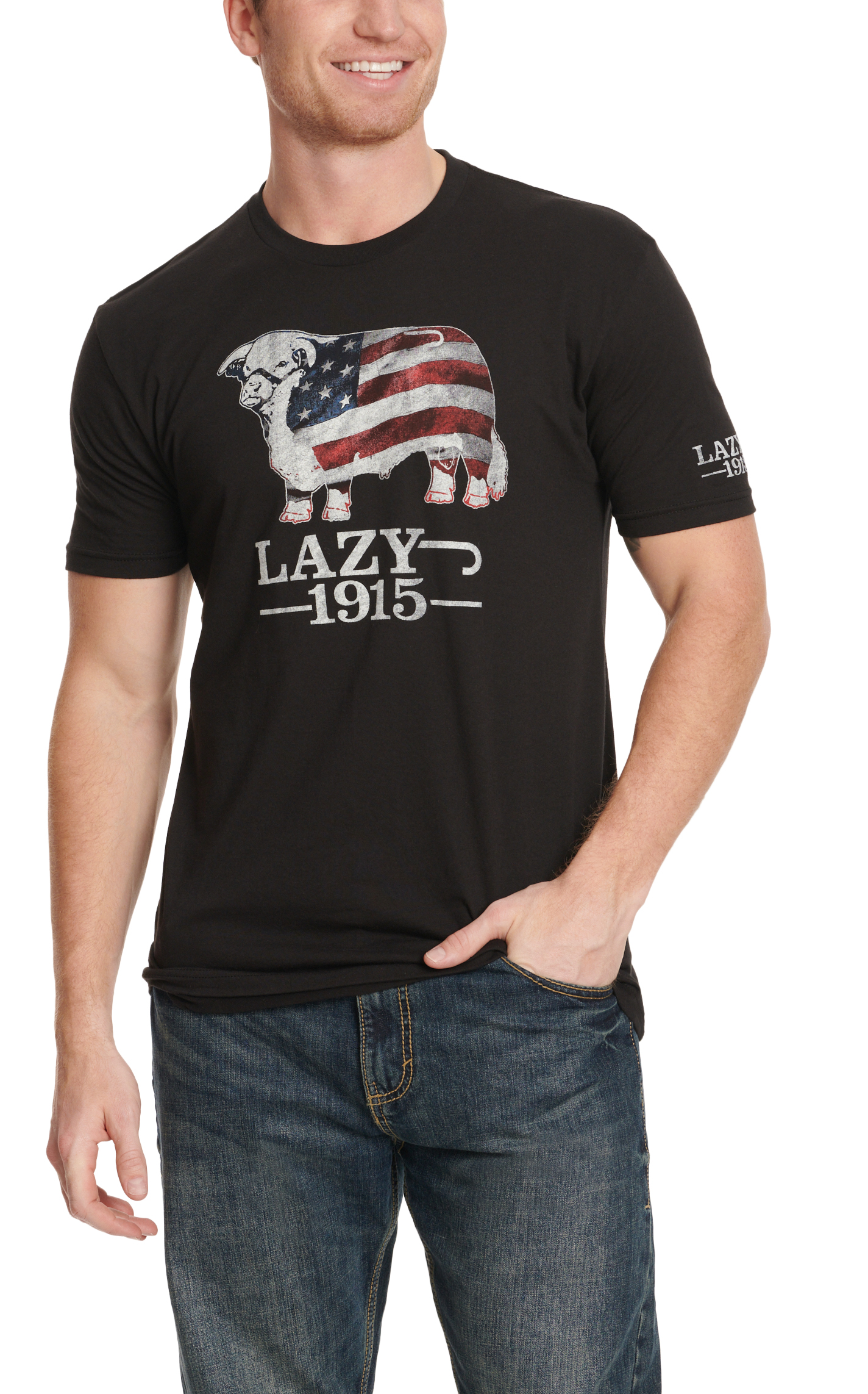 Lazy J Men's Black & Lazy 1915-Flag Bull Logo Graphic T-Shirt - Image 1