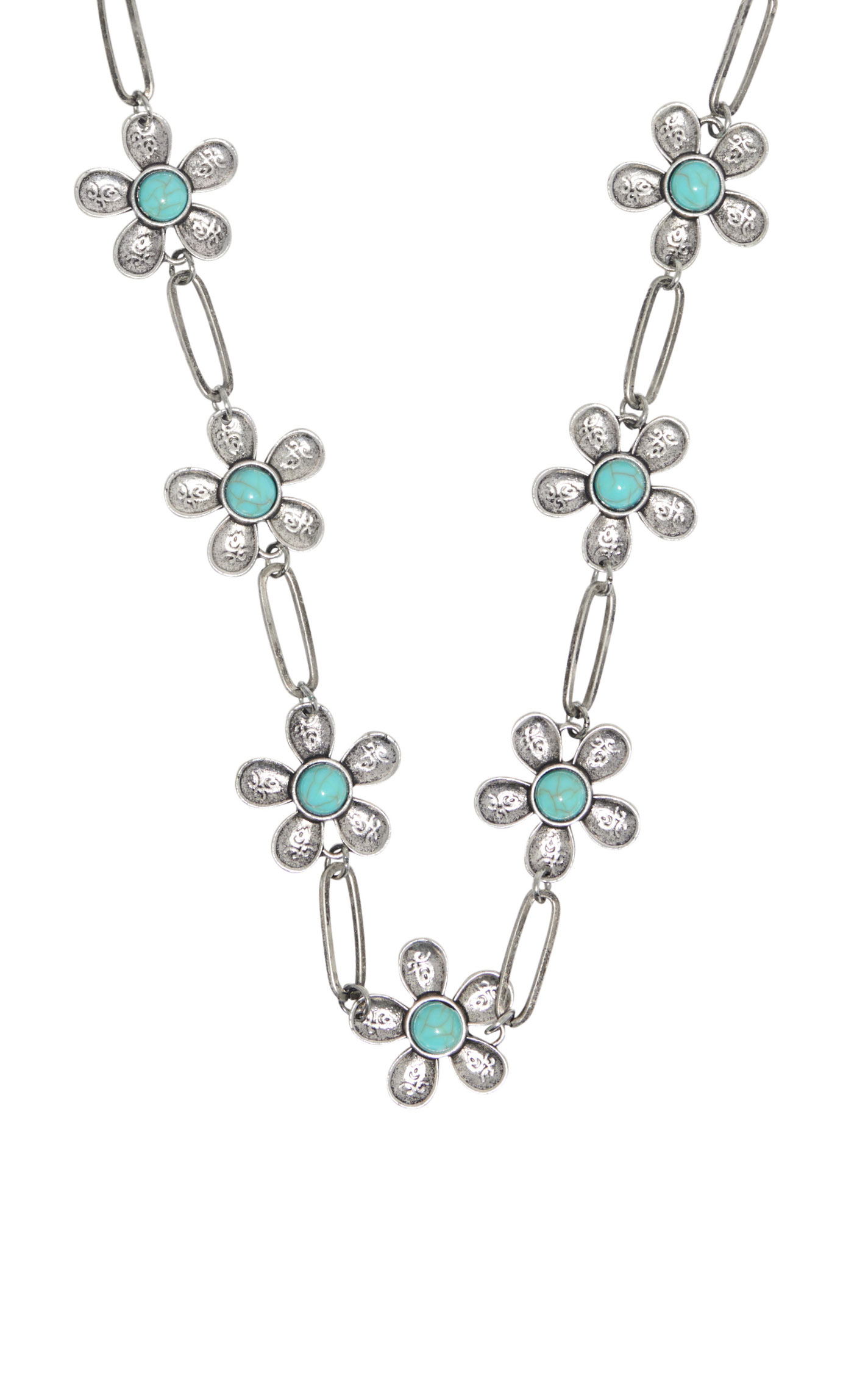 Rockin' C Antiqued Silver & Turquoise Flower Chain Necklace - Image 1