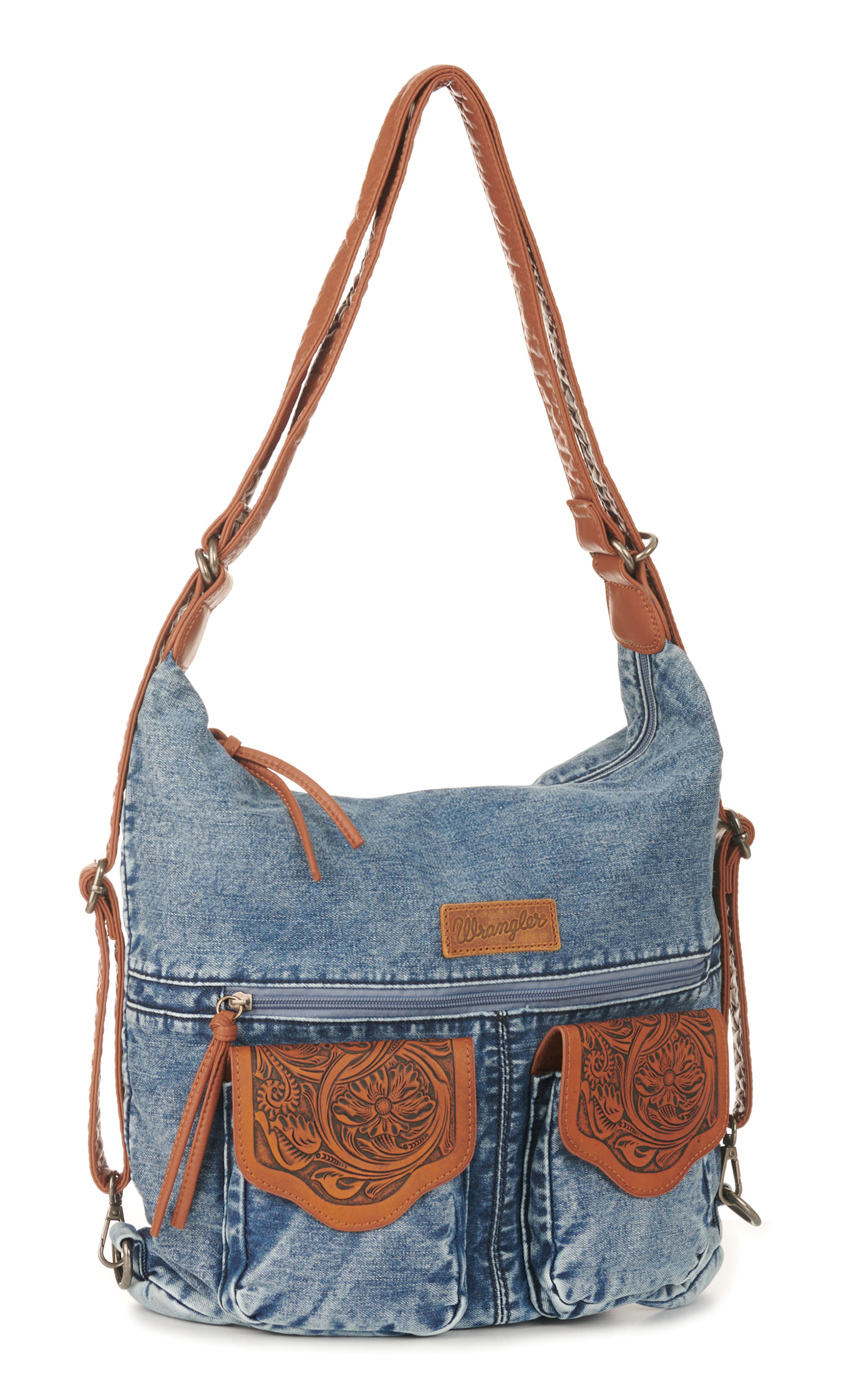 Wrangler Denim & Floral Tooled Leather Convertible Hobo/Crossbody/Backpack - Image 1