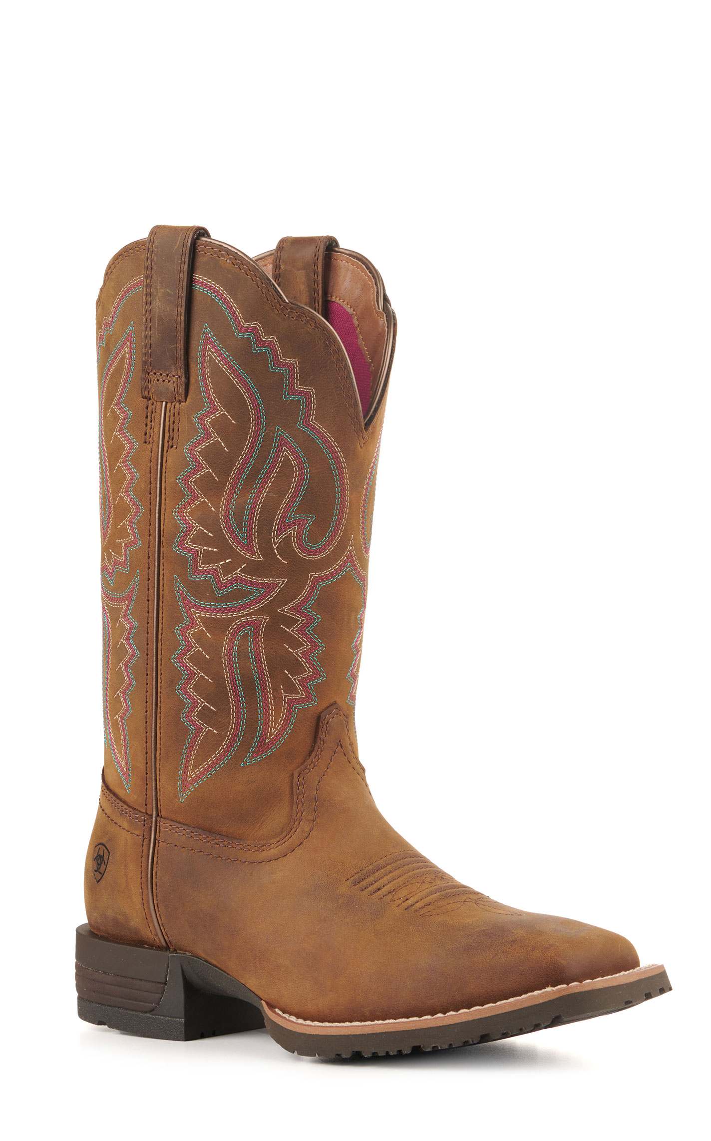 Ariat Women's Hybrid Ranchwork Distressed Brown Shock Shield Wide Square Toe Cowboy Boots - Image 1