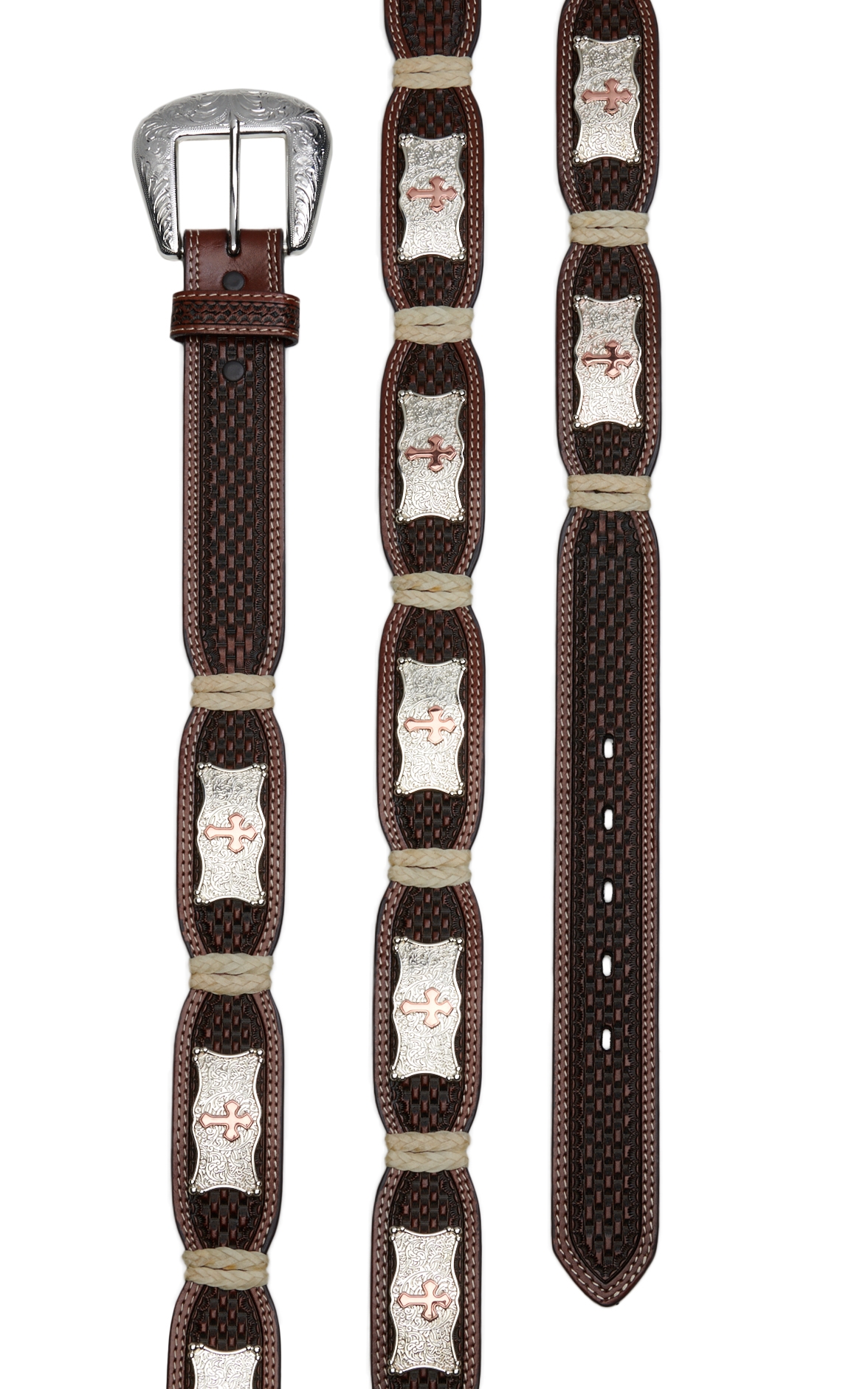 Cowboy Chrome Men's Brown Basketweave with Silver and Gold Cross Conchos Scalloped Belt - Image 1