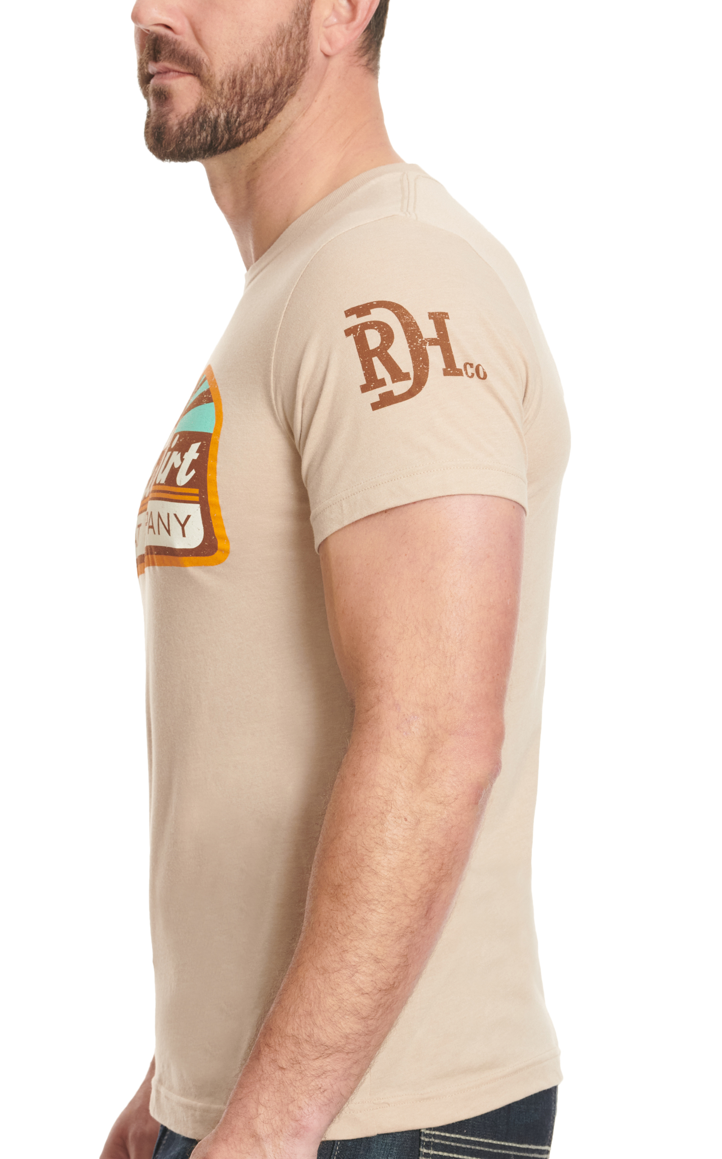 Red Dirt Hat Co. Men's Heather Tan Blue Skies Logo Graphic T-Shirt - Image 1