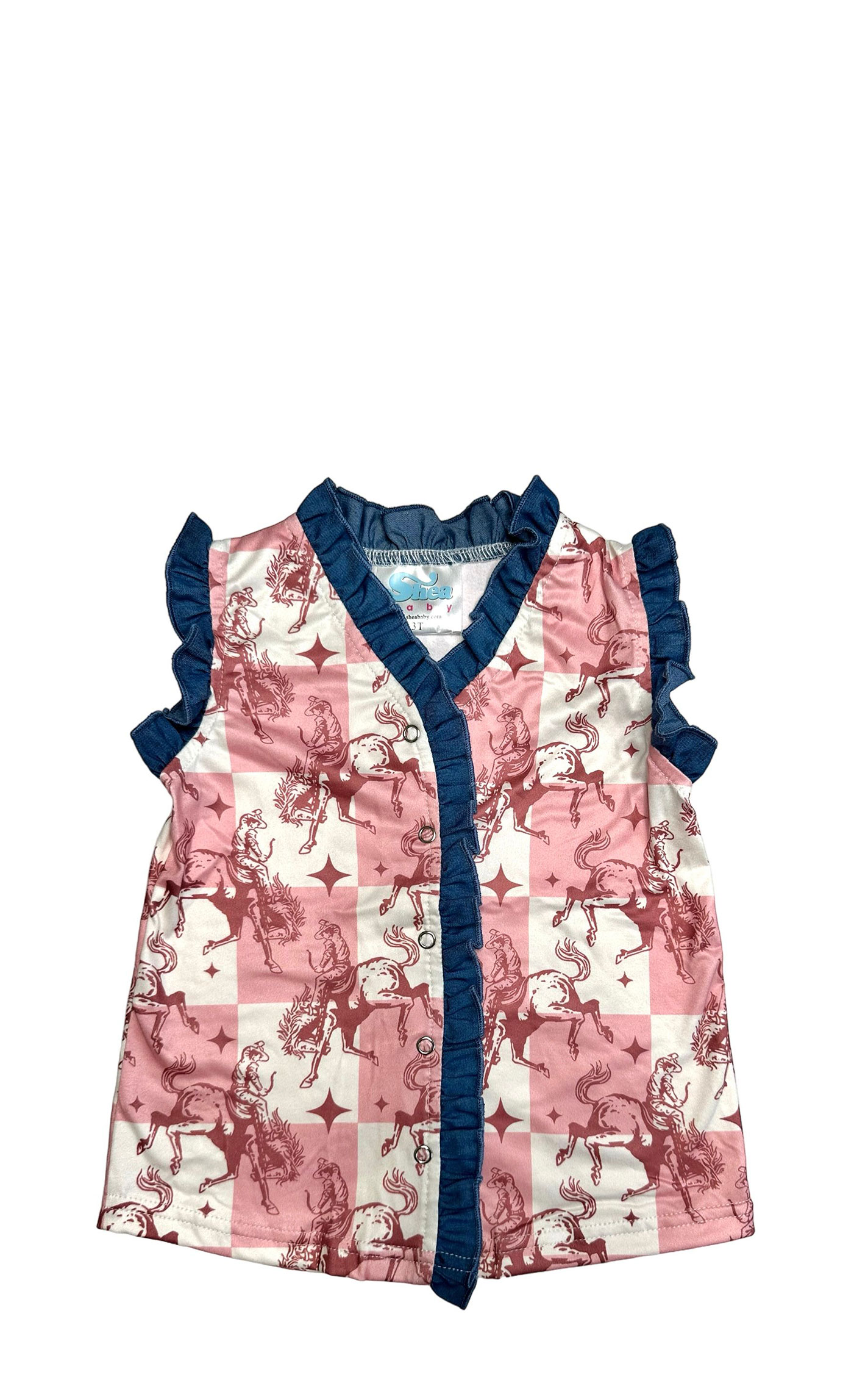 Shea Baby Toddler Girl's Rose Check & Bronc Rider Denim Ruffle Top - Image 1